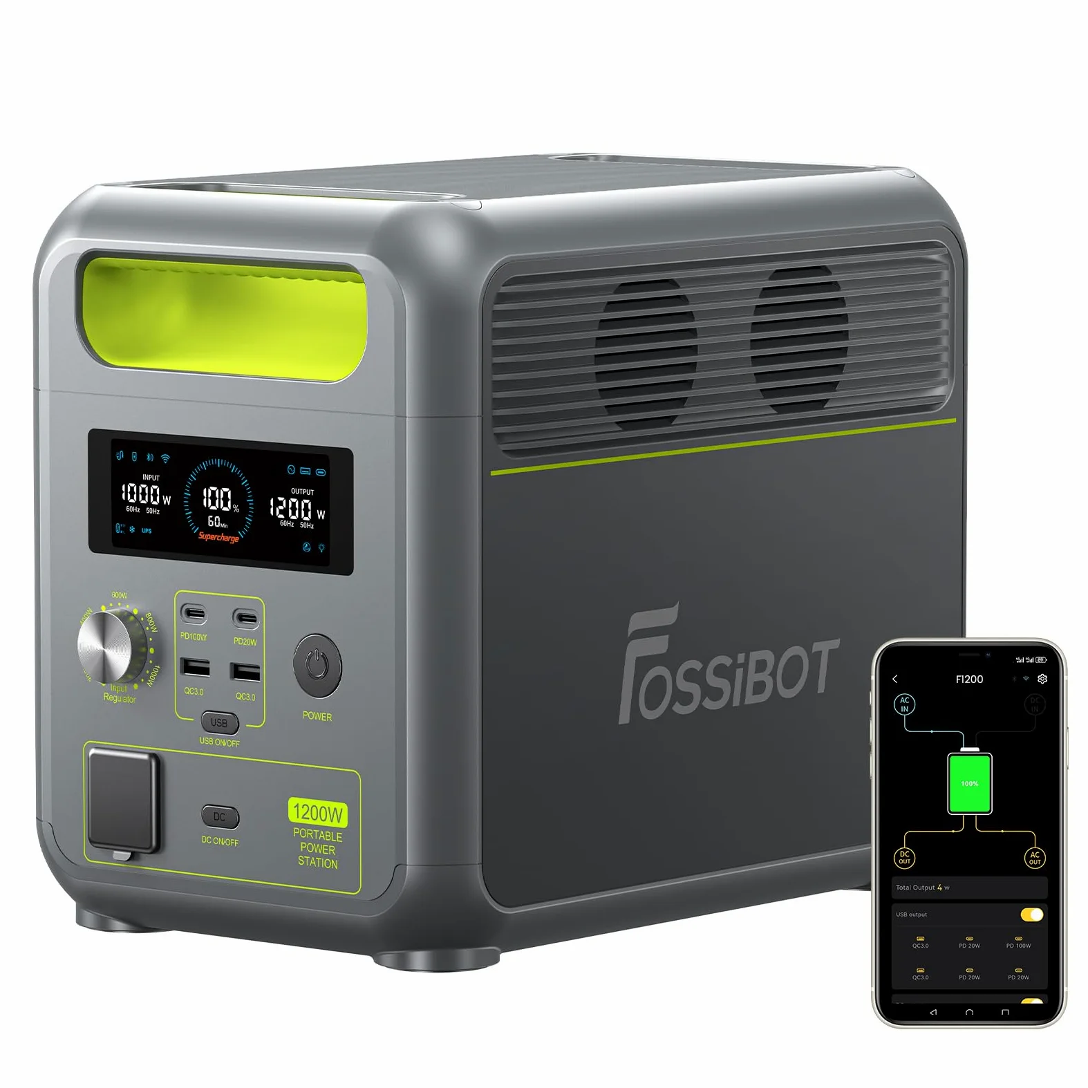 FOSSiBOT Generador Solar Portatil F1200,1024Wh LiFePO4,con 2 Salidas AC de 1200W(Power Lifting 2400W),100W Typ-C, Carga Rápida de 49min.de 0-80%,Estacion de energia para hogar/caravanasa/campada
