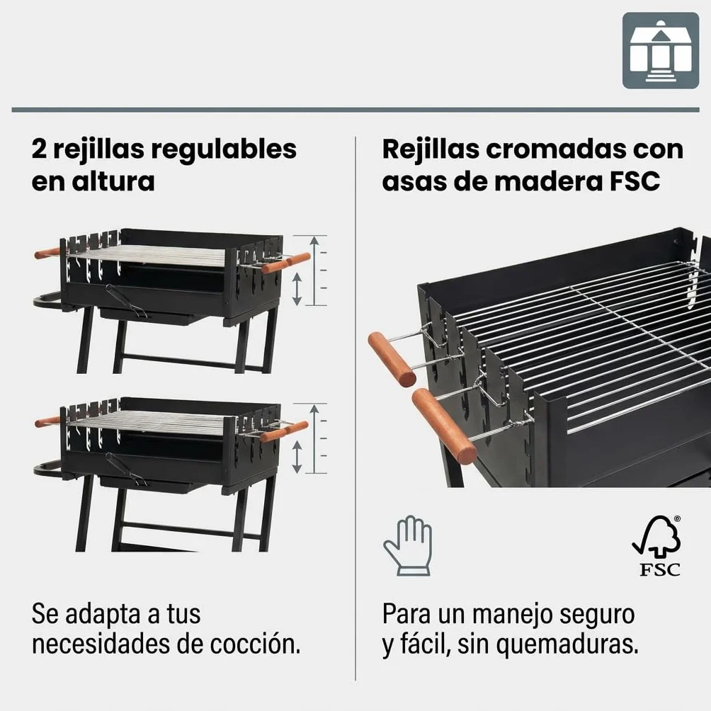 Tarrington House Barbacoa de Carbón Brigida, Acero/Madera, Rejillas Regulables en Altura, Asas de Madera, Estante Inferior, Ruedas, Negra