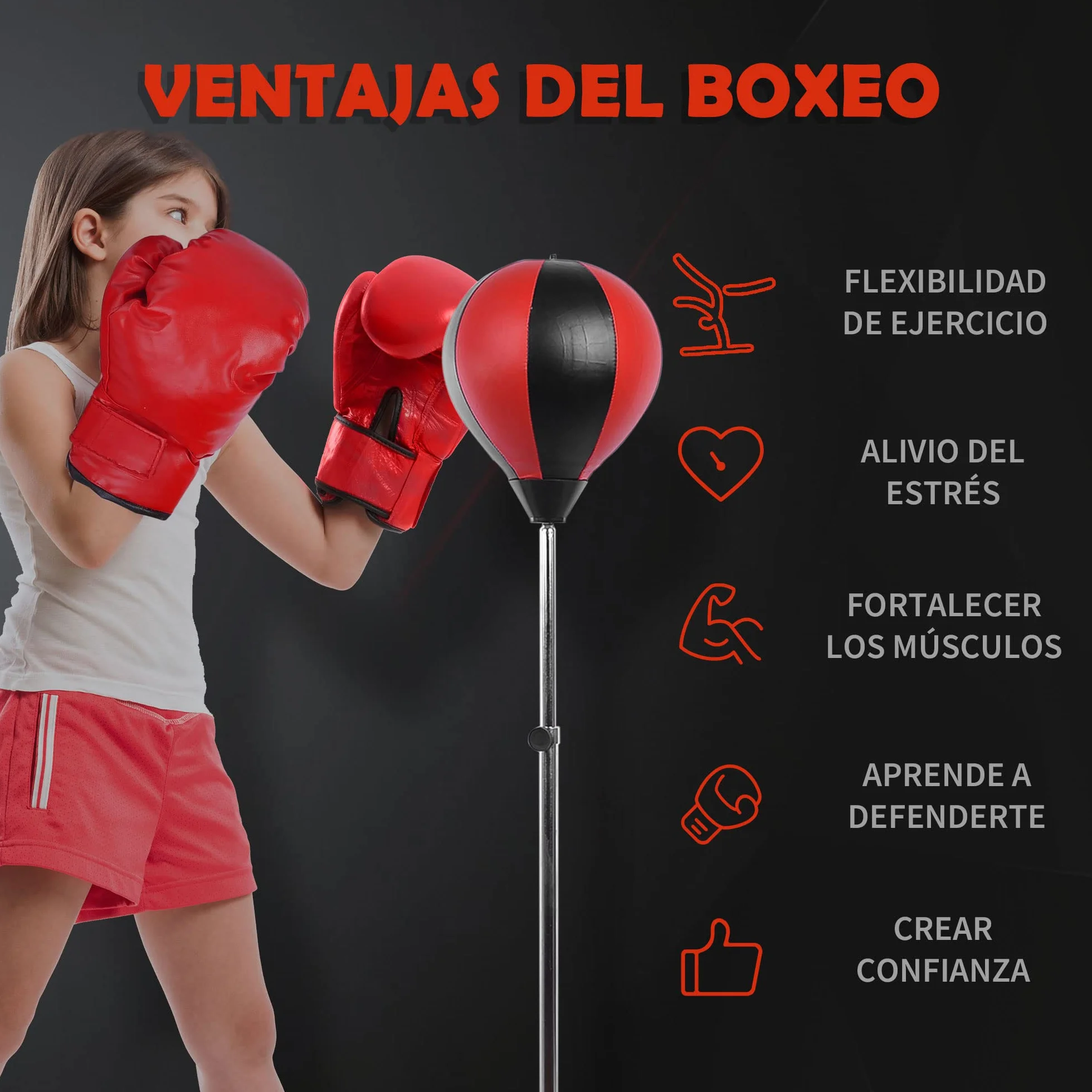 HOMCOM Saco de Boxeo de Pie Punching Ball Altura Ajustable 126-144 cm Base Rellenable Agua Arena Guantes Inflador Rojo Negro