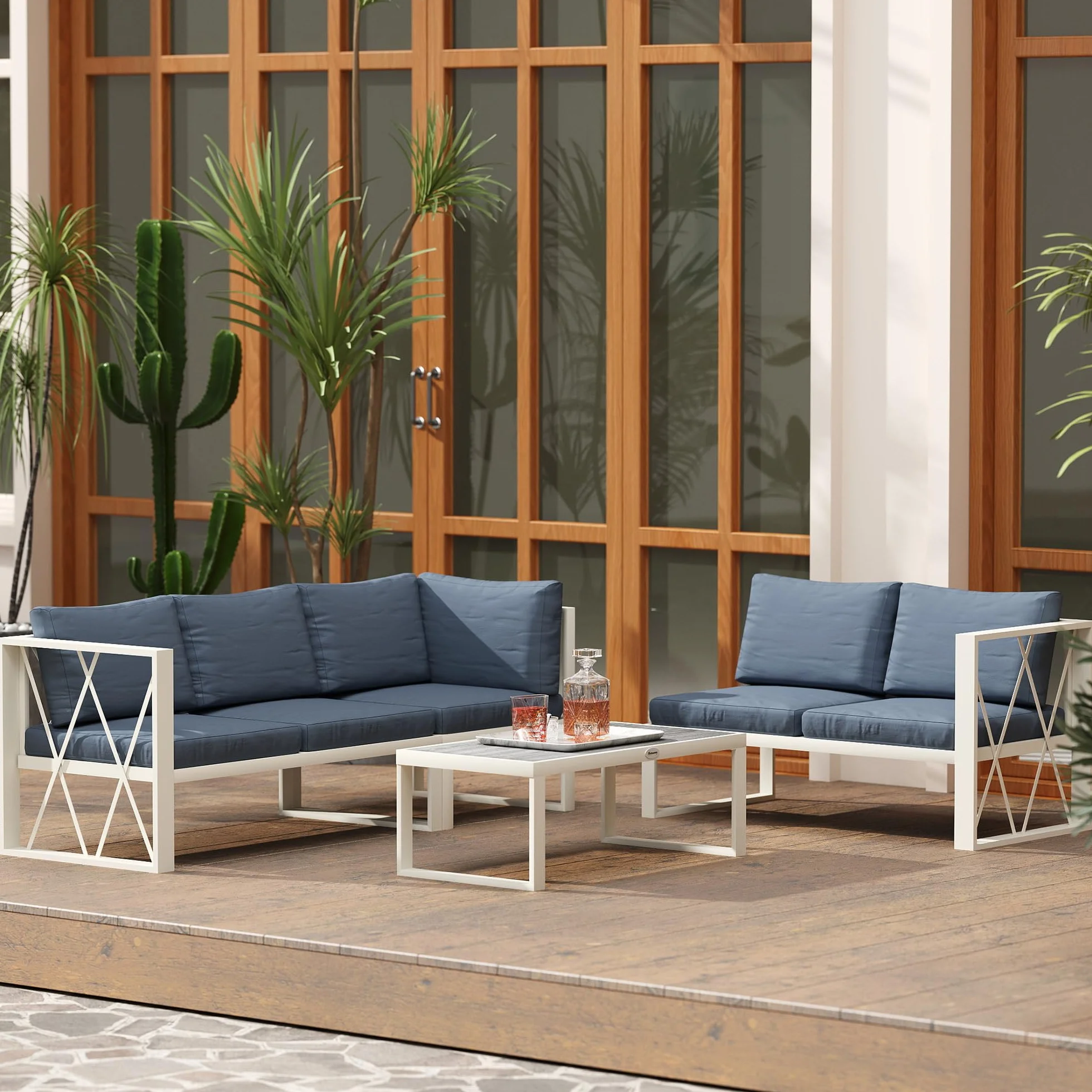 Outsunny Conjunto de Muebles Jardín Exterior de 4 Piezas Sofá Exterior Seccional Forma de L con 2 Sofás de 2 Plazas Sofá de Esquina con Asiento Ajustable y Mesa Centro de DPC con Cojines Beige y Gris