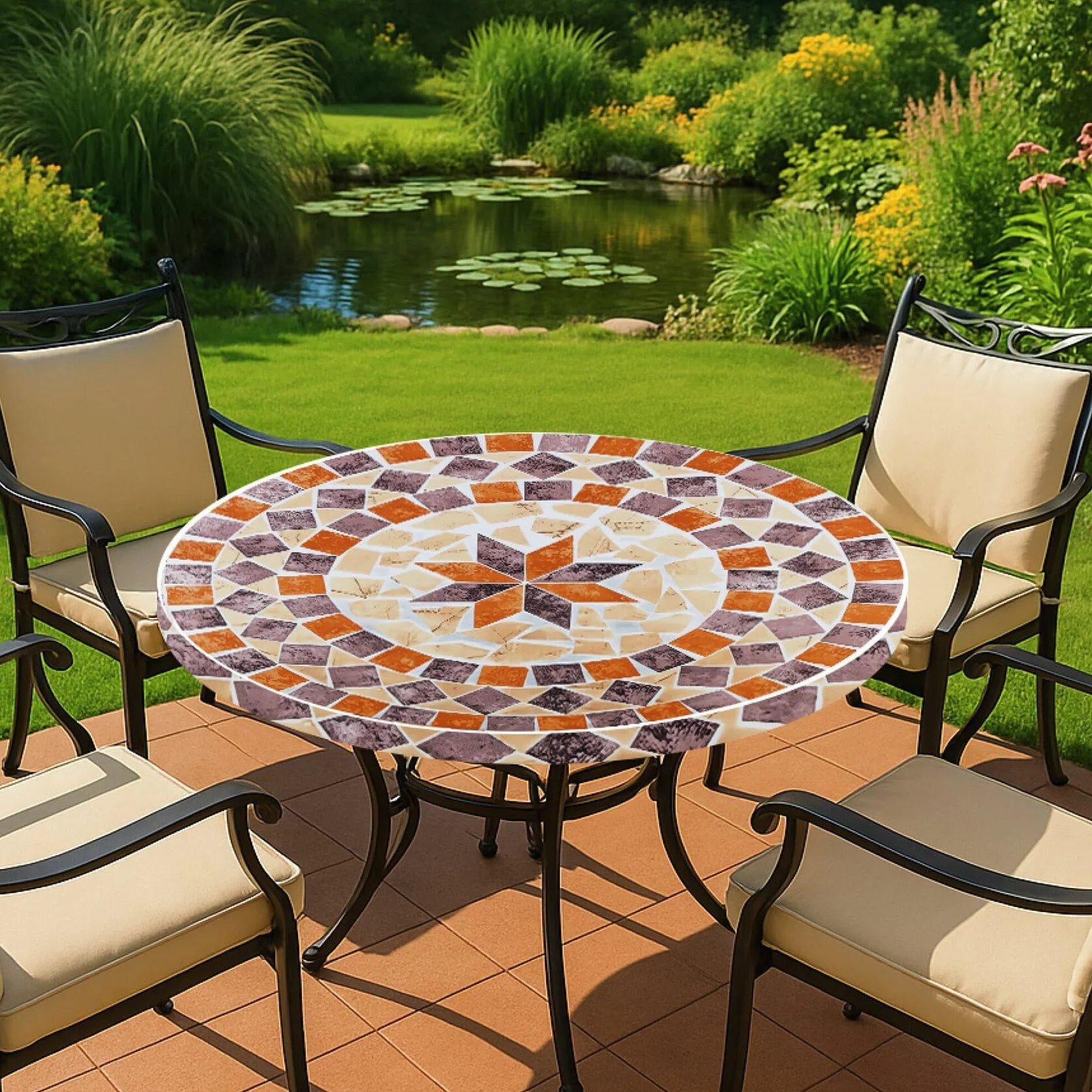 Maximex Mantel redondo con borde elástico, Ø 70 - 86 cm, motivo mediterráneo, mantel lavable y ajustable, resistente a la intemperie y a los rayos UV, para jardín, balcón y camping, plástico