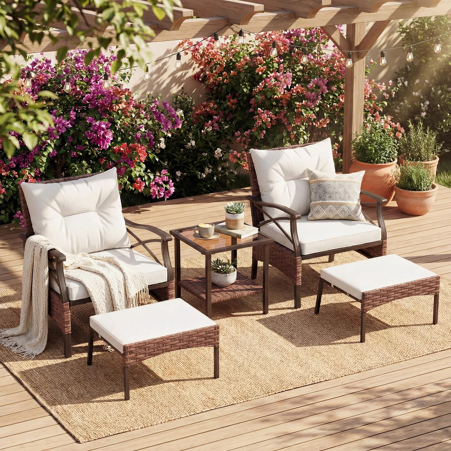 GIANTEX Conjunto Muebles Jardín Exterior de Ratán 5 Piezas, 2 Sillones, 2 Otomanas y Mesa de Vidrio, Cojines Extraíbles, para 2-4 Personas, Juego de Conversación para Patio Terraza (Marrón+Beige)
