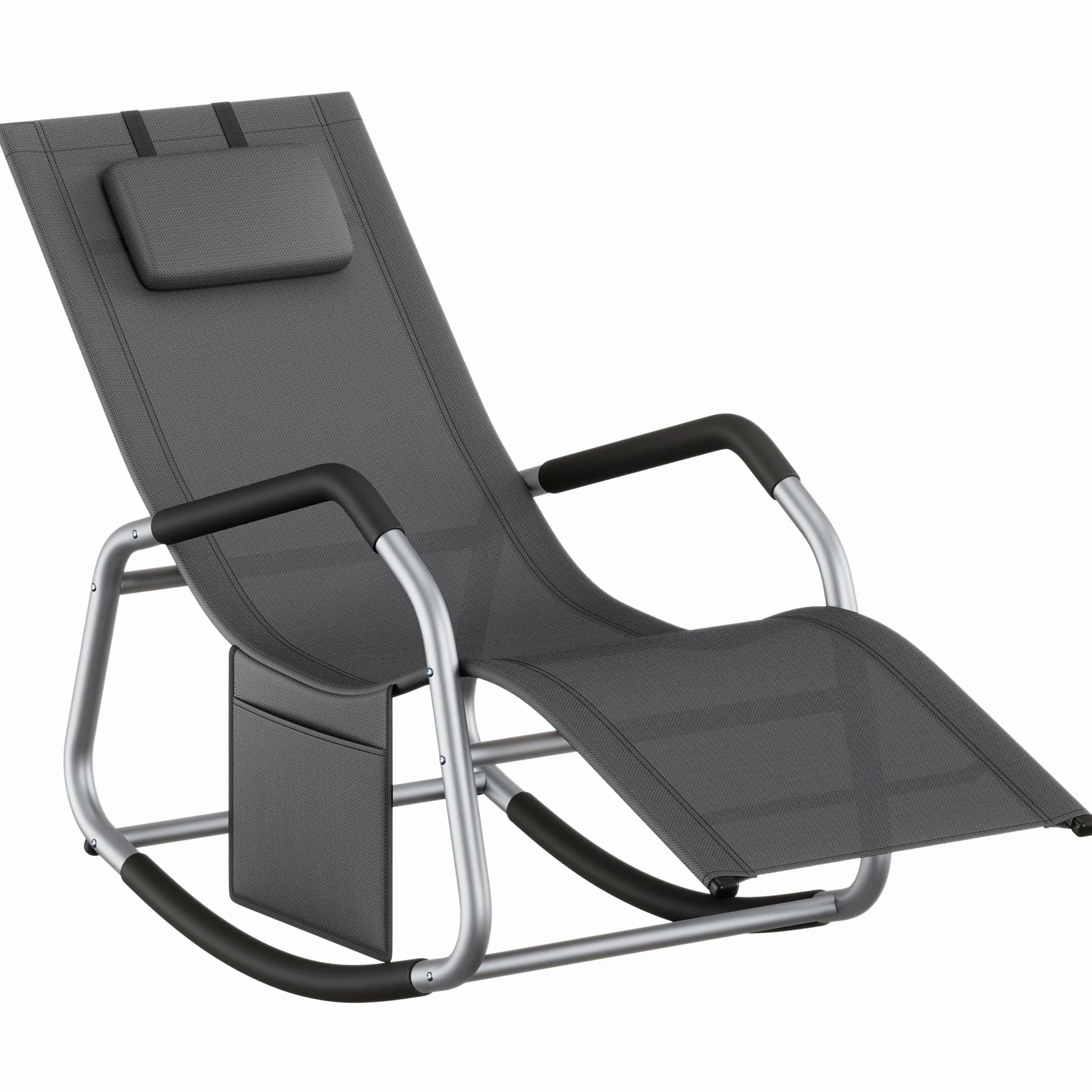 SONGMICS Mecedora, Silla Tumbona, con Dispositivo de Fijación, Cojín Ajustable, Marco de Acero, Tela Transpirable, Bolsillo de Almacenaje, 151 x 56,2 x 97,3 cm, Gris Oscuro GCB230GZ02
