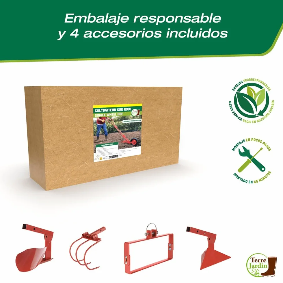 TERRE JARDIN - Cultivador de Rueda, 40 cm Diámetro - Cultivador de Jardín, 4 en 1 - Cultivador Manual, con Desherbador, Aporcador, Garra, Reja de Arado - Azada de Jardinero, Eficaz y Robusto