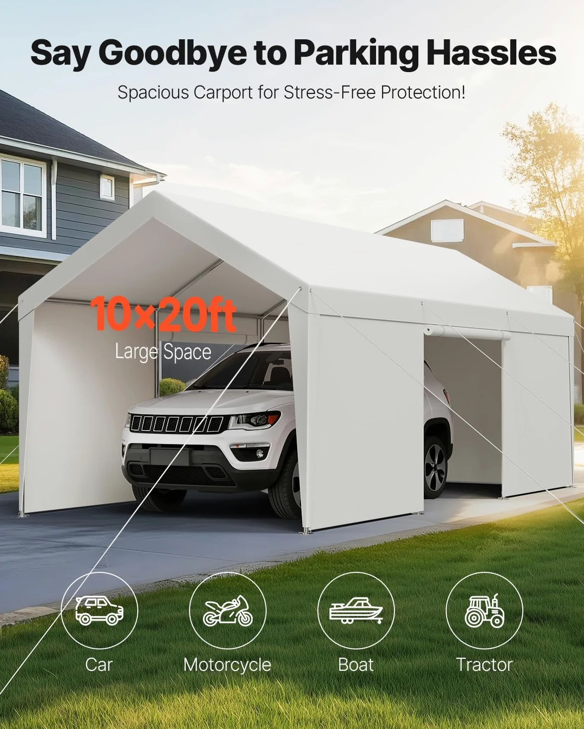 VEVOR Cochera 3,05 x 6,09 x 2,87 m Paredes Laterales Puerta Desmontables Marquesina para Coches Resistente Rayos UV Agua Blanco