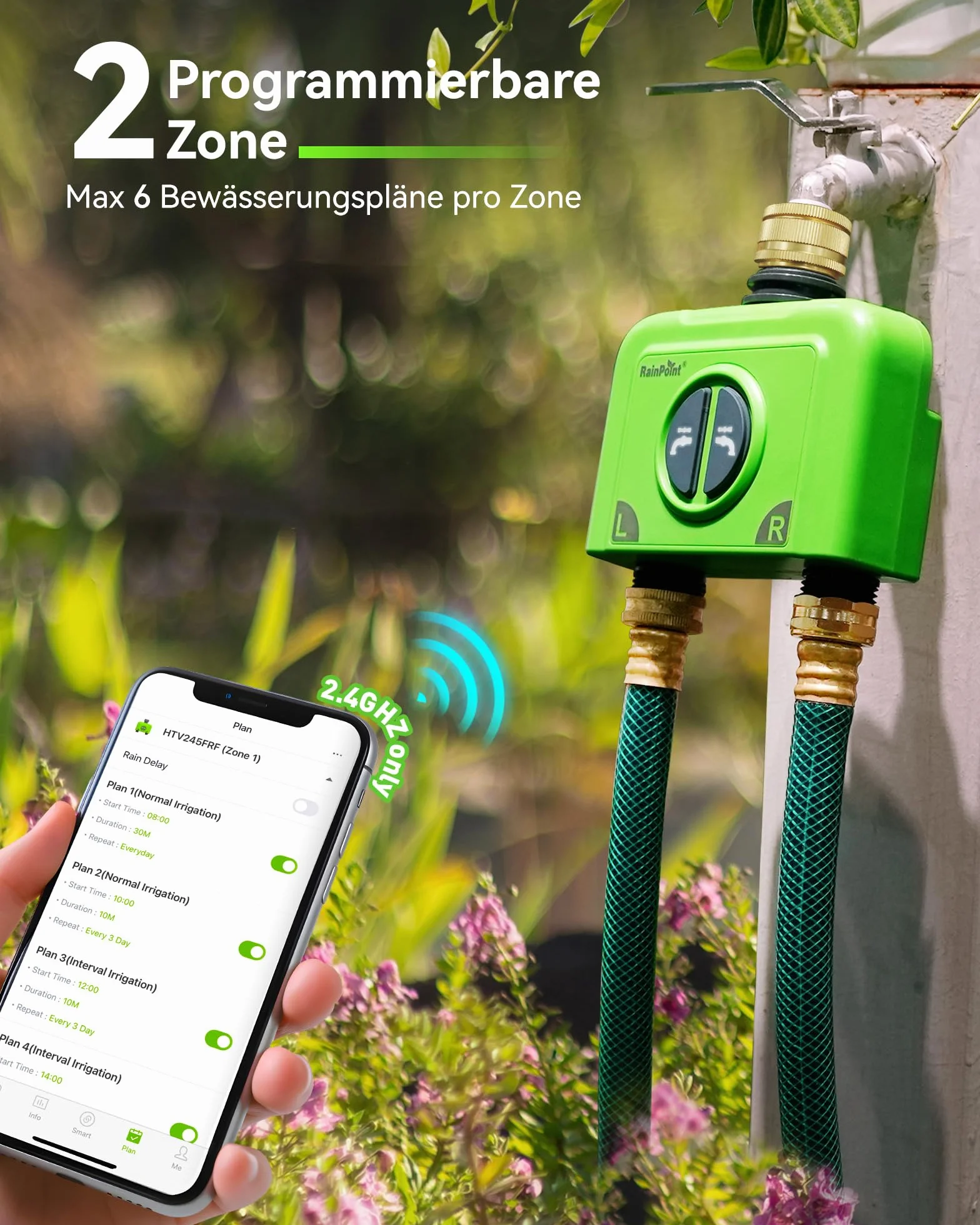RAINPOINT Programador Riego WiFi 2 Salidas, Puerta Enlace Ethernet y Entrada de Latón, Riego Automatico para Jardín Via App/Voz Control, Riego Basado Clima, Retraso por Lluvia/Manual, 2x6 Horarios