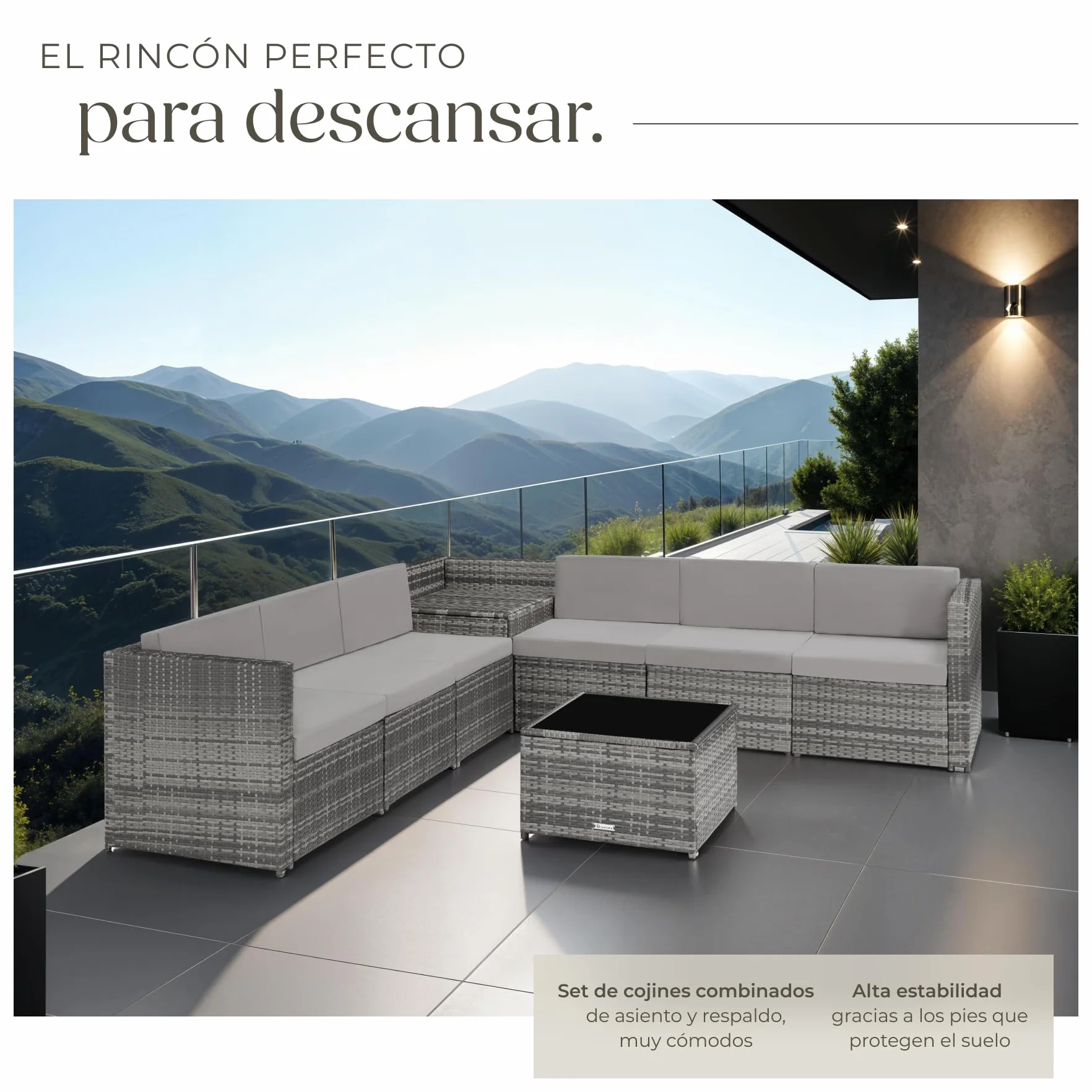 tectake® Conjunto Jardín de Ratán, Muebles Jardín Exterior 6 Sillones, 1 Mesa con Cristal, 1 Baúl Almacenamiento, Conjunto Terraza Resistente a la Intemperie, con Cojines, Estructura en Acero - Gris