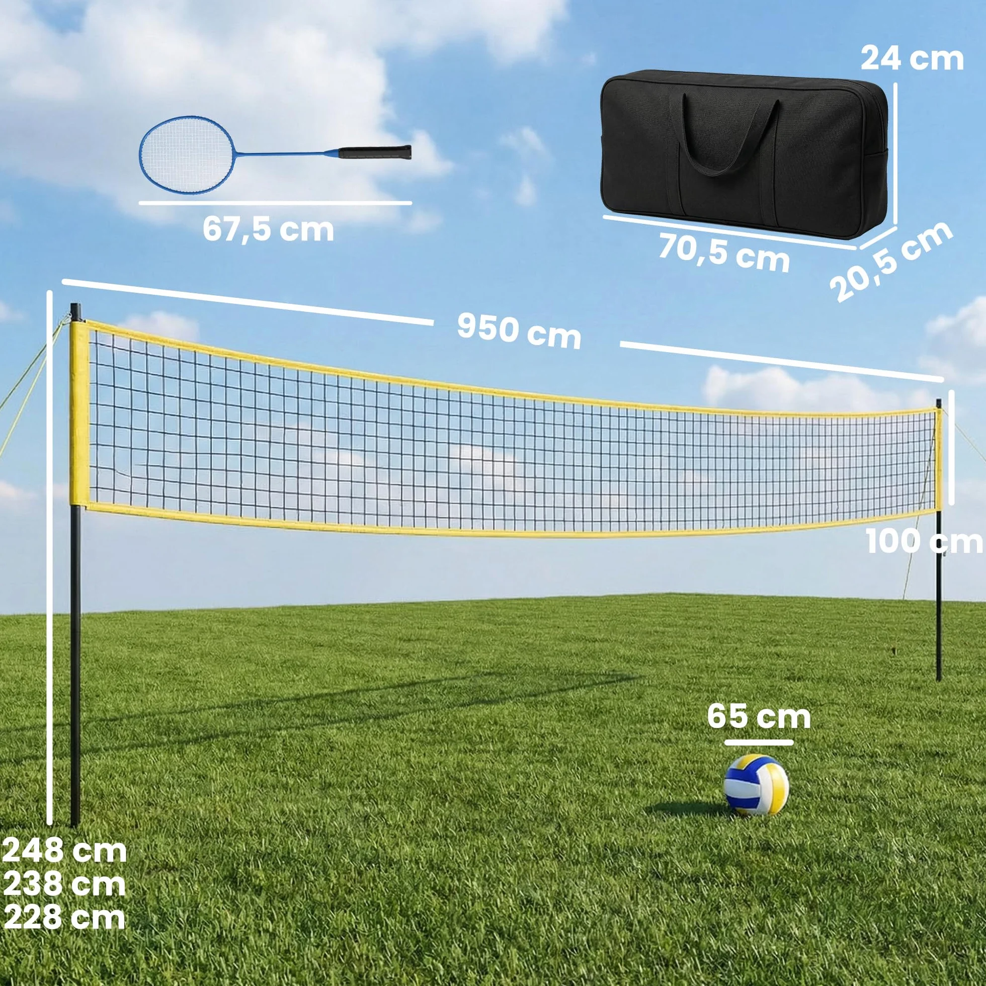 SPORTNOW Juego de voleibol y bádminton postes acero altura ajustable red portátil 4 raquetas 4 volantes bolsa transporte