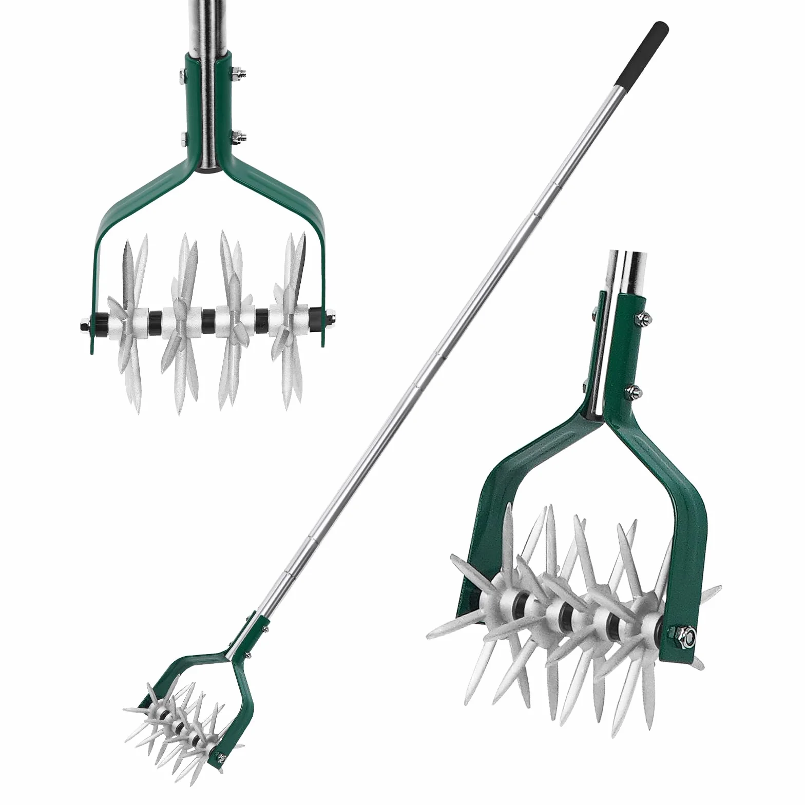 Yeelor Cultivador giratorio con mango ajustable S/S con dientes de metal sólido desmontables, cultivador de jardín, cultivador de césped y cultivador manual para aflojar y mezclar tierra
