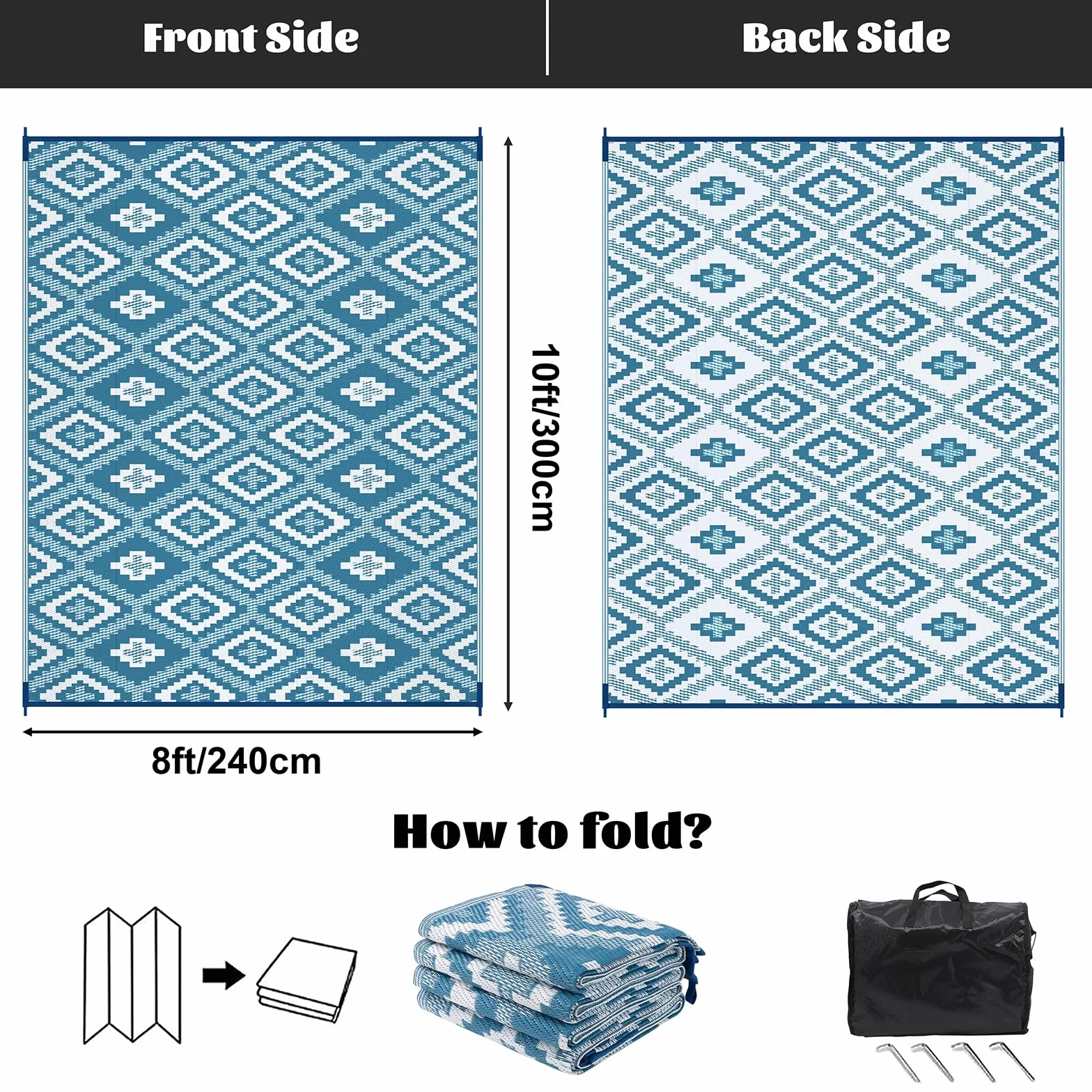 Enyhom Alfombra impermeable para exteriores, grande, reversible, de plástico, para jardín, resistente a los rayos UV, plegable, para camping, balcón, terraza, 240 x 300 cm, color verde azulado