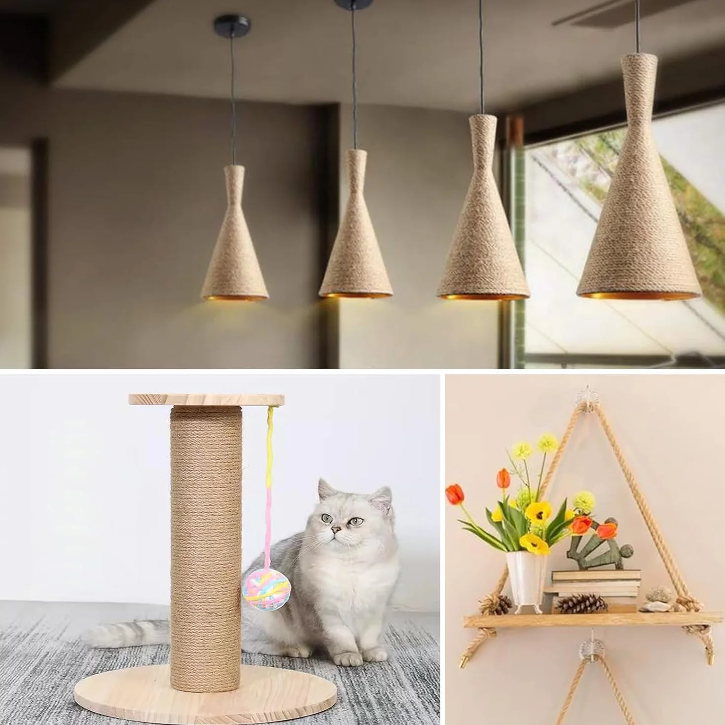 Cuerda de Yute y Cáñamo Natural, 14mm x 15m, Gruesa para Rascador de Gatos, Artesanía, Embalaje y Decoración