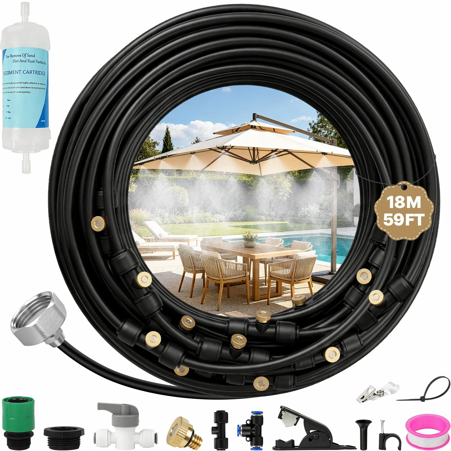 Nebulizador Terraza,Pulverizador Agua Exterior,Kit Nebulizadores Difusor Agua,18M Manguera 25 Aspersores Conector de Boquilla Tobera T,Sistema Vaporizador Nebulización para Jardín Terraza Sombrillas