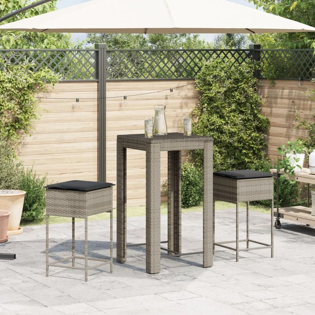 vidaXL Juego de Bar de jardín de 3 Piezas con Cojines ratán PE Gris, Mesa Alta y taburetes de Exterior, Juego de Bar, Juego de Muebles