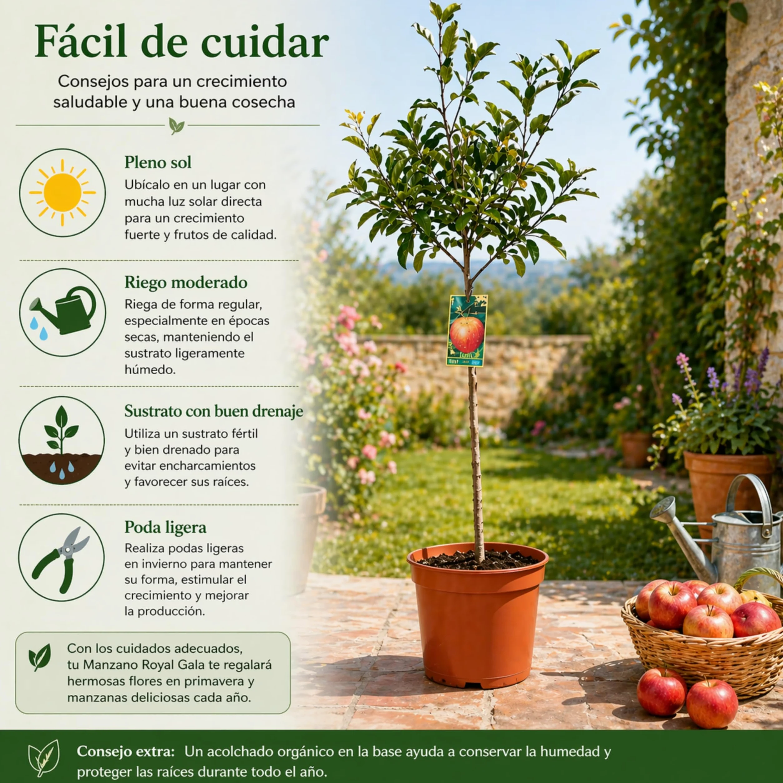 Manzano Royal Gala Planta Natural en Maceta 140 cm de altura, Árbol Frutal Exterior con Manzanas Dulces Árbol Natural para Jardín Terraza Huerto Fácil Cultivo. Manzano