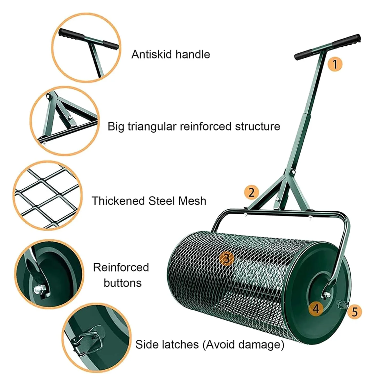 Esparcidor de turba, esparcidor de abono de 24”, esparcidor de turba, esparcidor de abono para césped y jardín con Mango Ajustable en Forma de T para Plantar y sembrar, Verde