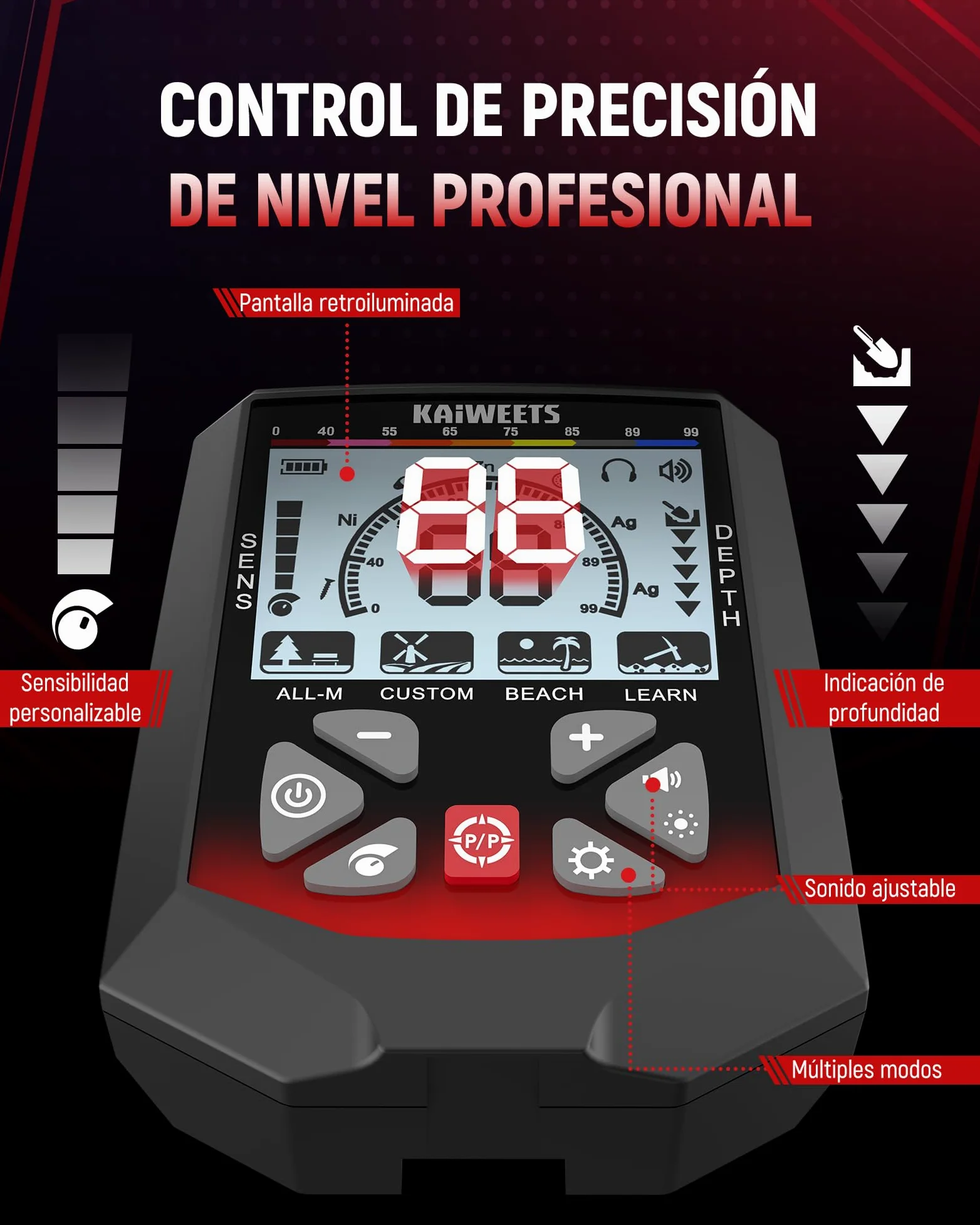 KAIWEETS Detector de metales profesional con batería, bobina doble D impermeable hasta 30 cm de profundidad, 5 modos, detector de metales, chip DSP, HD LCD con retroiluminación, juego de detector de