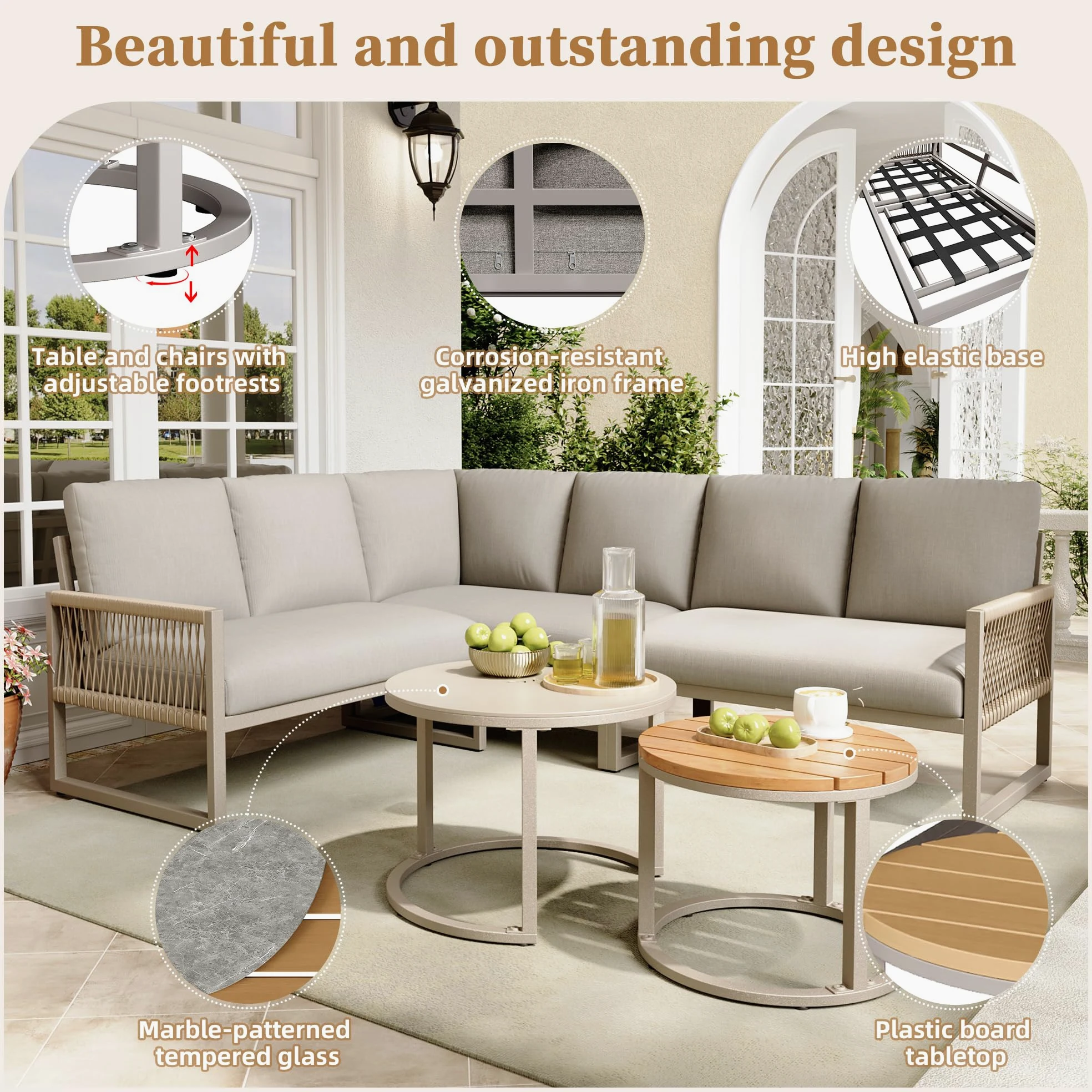 LAKFEW Conjunto Jardin Exterior de 5 Piezas con 2 Mesas y Patas Ajustables, Muebles Jardin Exterior Modular para 6-7 Personas, Sofa Exterior Esquinero con Cojín Cómodo (Beige)