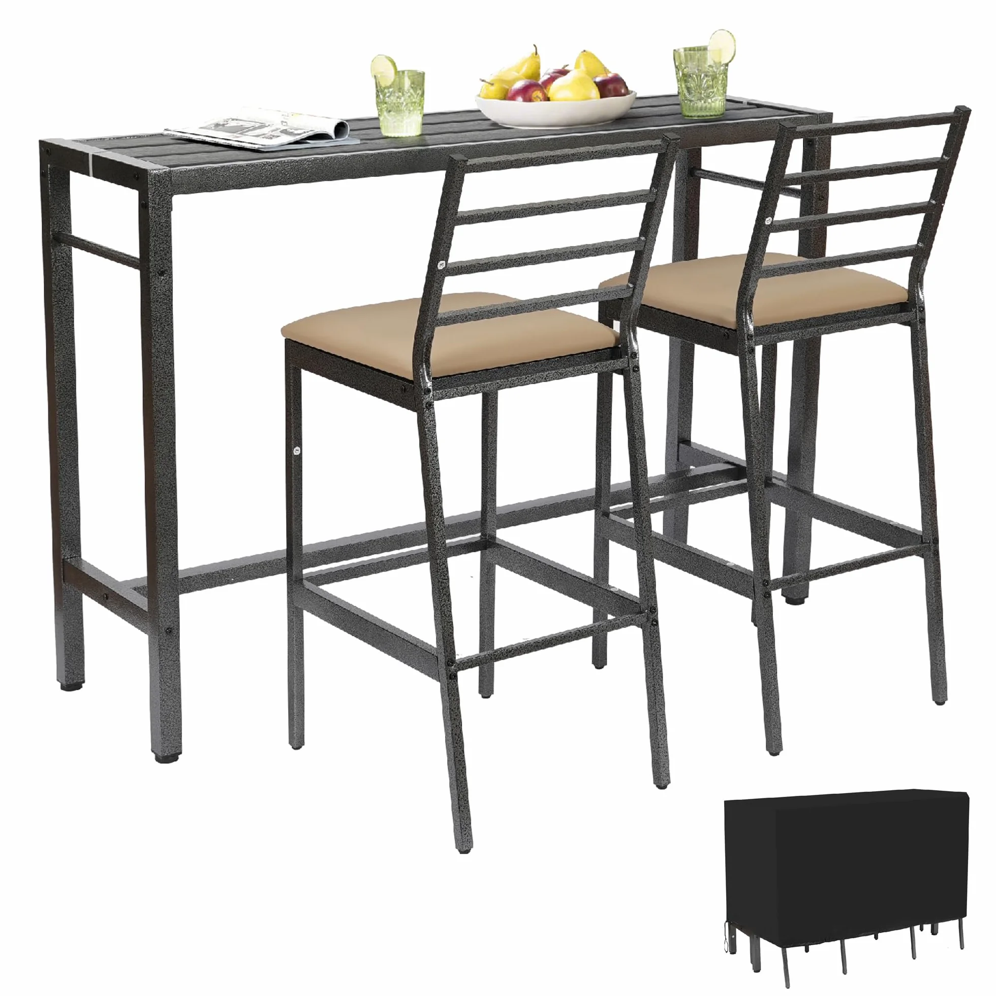 Juego de Comedor y Bar para Patio de 3 Piezas, Mesa Rectangular Resistente de 140 cm de Altura con 2 taburetes Acolchados, Mesa y sillas de Metal para Patio, Porche, bistró o balcón.