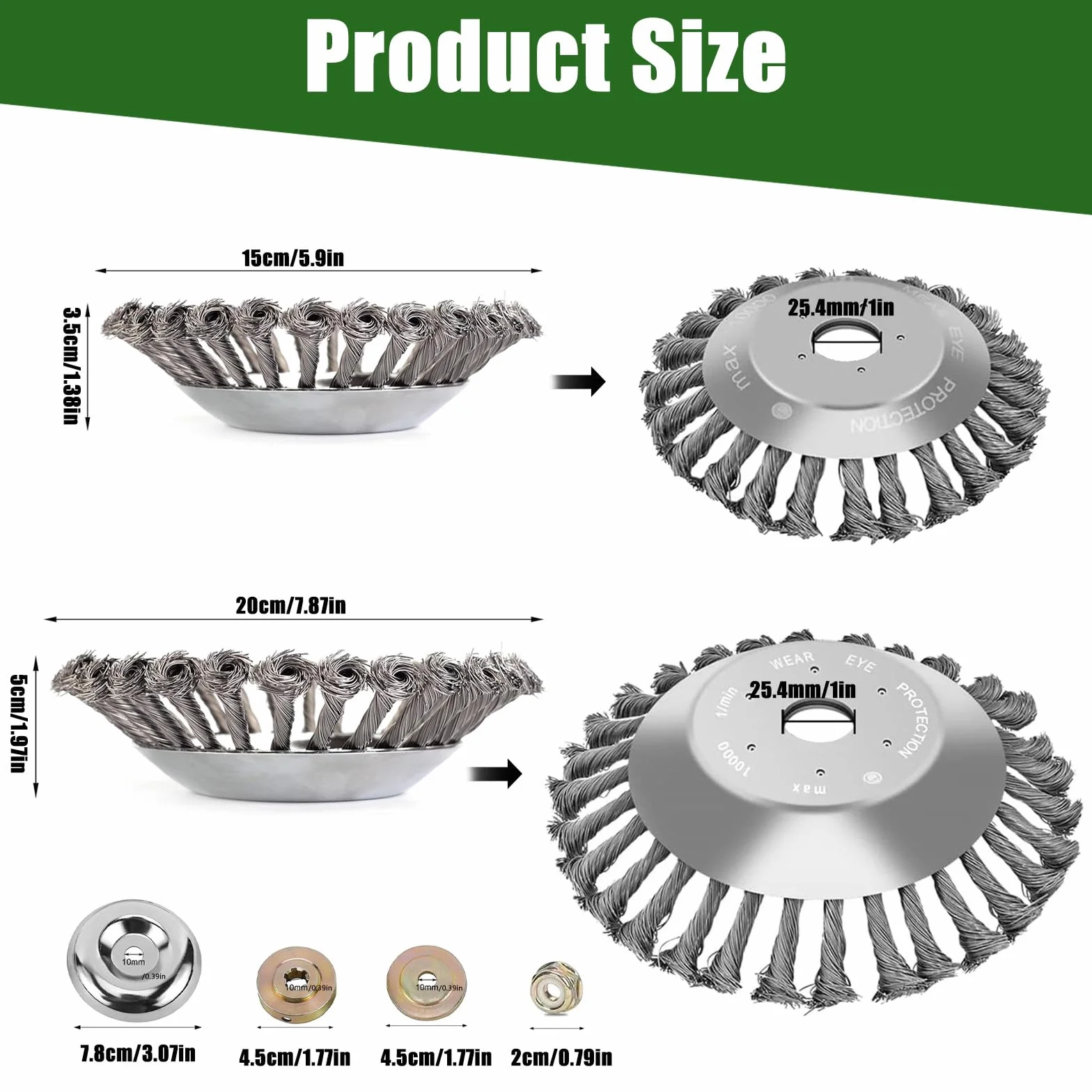 2 Piezas Cepillo Desbrozadora,Diámetros 150 y 200 mm,Tamaño del Orificio 25,4 mm,con Accesorios,para Sustituir Cabezales de Desbrozadora Desgastados,Eliminación Eficaz de Malas Hierbas y Musgo