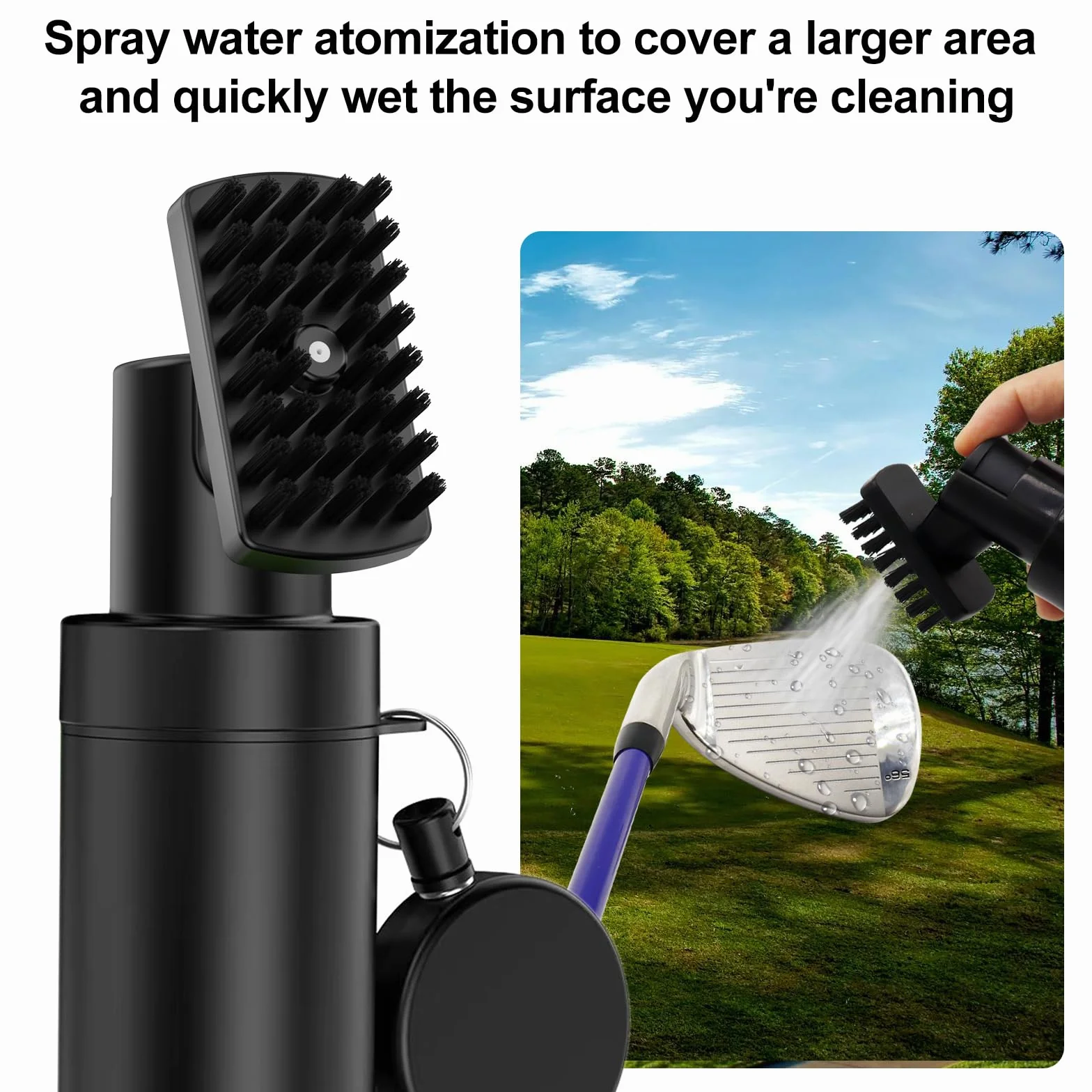 Cepillo limpiador de palos de golf 360° con clip mosquetón y botella a prueba de fugas, herramienta ligera compacta para palos, pelotas y zapatos