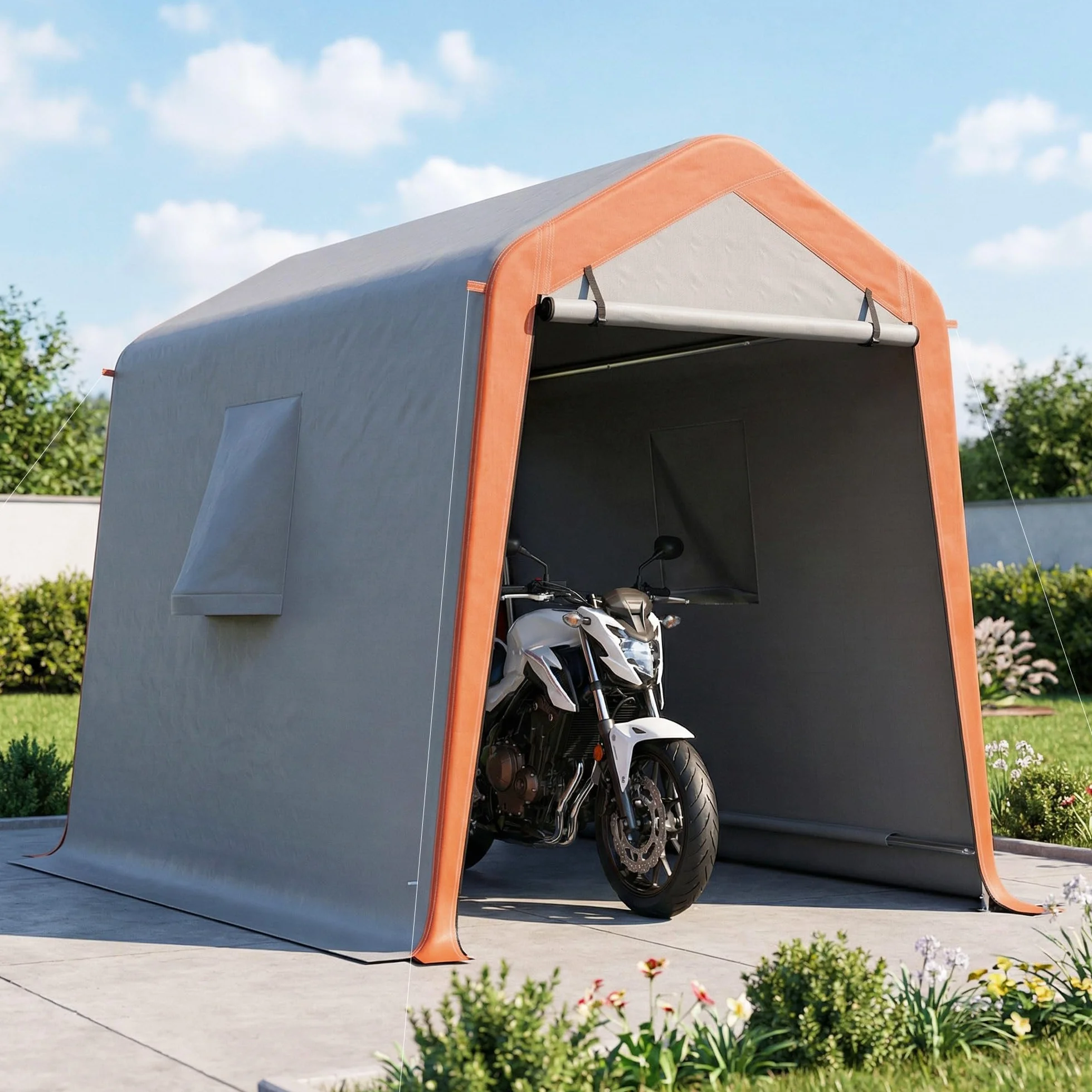 Outsunny Carpa Garaje Portátil 2,4x1,8 m, Garaje Exterior para Coche Impermeable con Puerta Enrollable con Cremallera, Ventanas, Estructura de Metal Galvanizado, UPF30+, Gris Claro