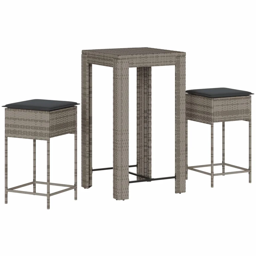 vidaXL Juego de Bar de jardín de 3 Piezas con Cojines ratán PE Gris, Mesa Alta y taburetes de Exterior, Juego de Bar, Juego de Muebles