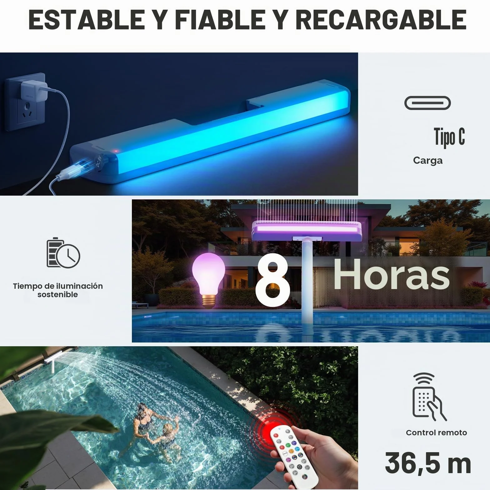 KingSom Fuente de Piscina con Luces de Colores, Fuente Piscina Cascada Recargable con Botones y Control Remoto, 10000 mAh Fuente de Luces para Piscina Elevadas y Enterradas, Fuente de Agua-Violeta