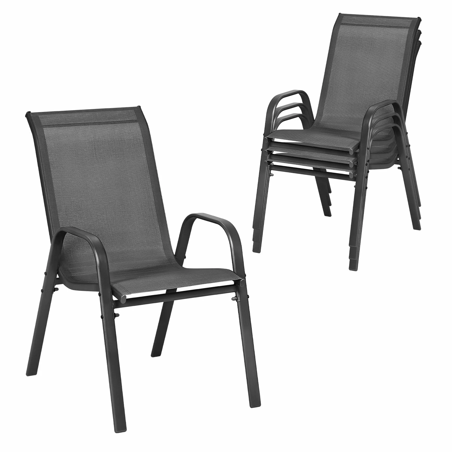 WOLTU Sillas de Jardín, Juego de 4 Sillones Apilables de Exterior, Respaldo Transpirable, Sillas para Terraza Patio Balcón, Estructura de Metal, Gris Oscuro