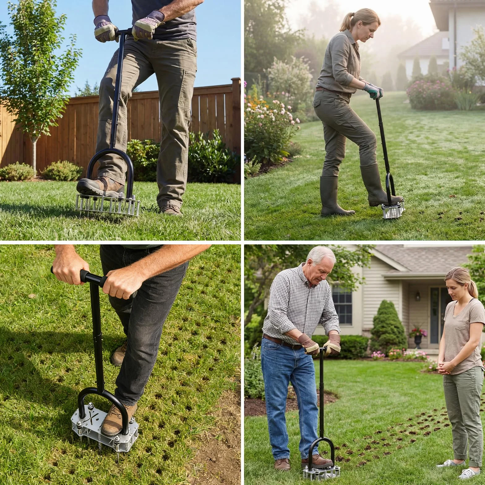 Aireador de Césped con 14 Púas, Aireador Manual de Césped con Plataforma Antideslizante, Escarificador y Aireador para Suelo Compactado, Herramienta de Aireación para Césped, Jardín Cuidado del Pasto
