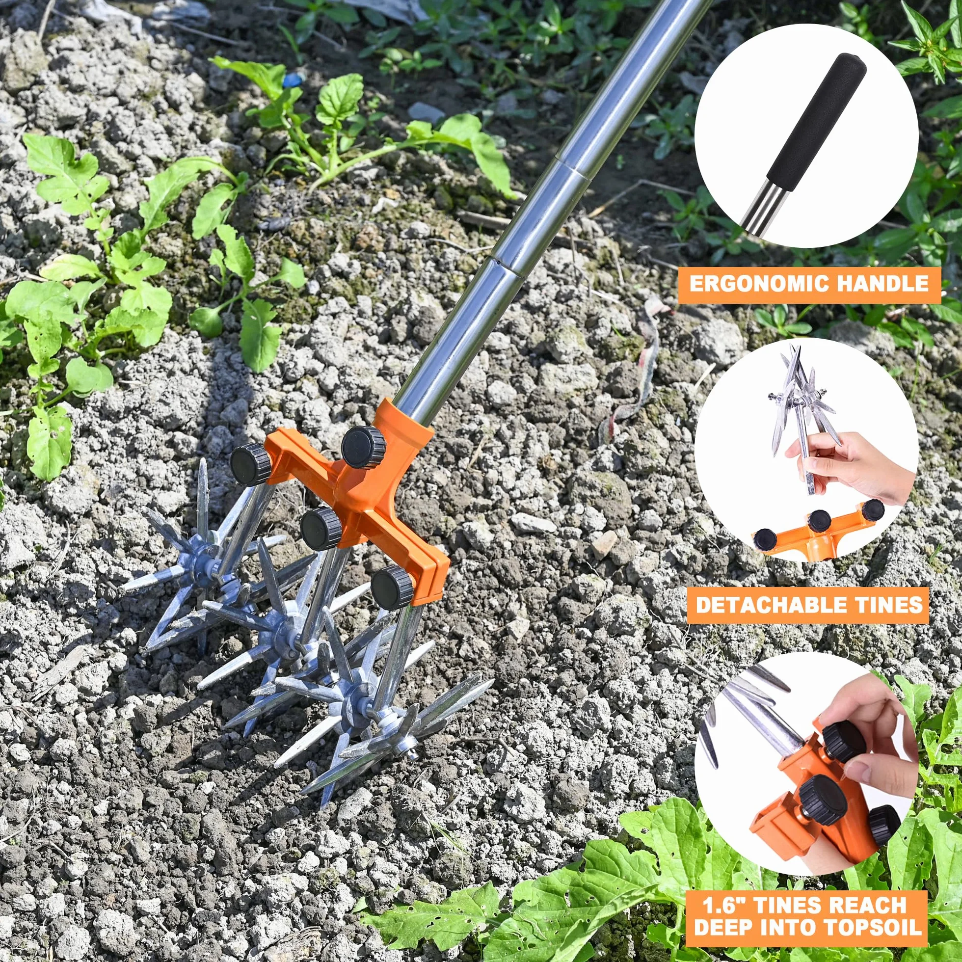 BARAYSTUS - Cultivador giratorio de jardín, postes ajustables de acero inoxidable para mezcla de salmuera o reseeding, longitud total: 145 cm.