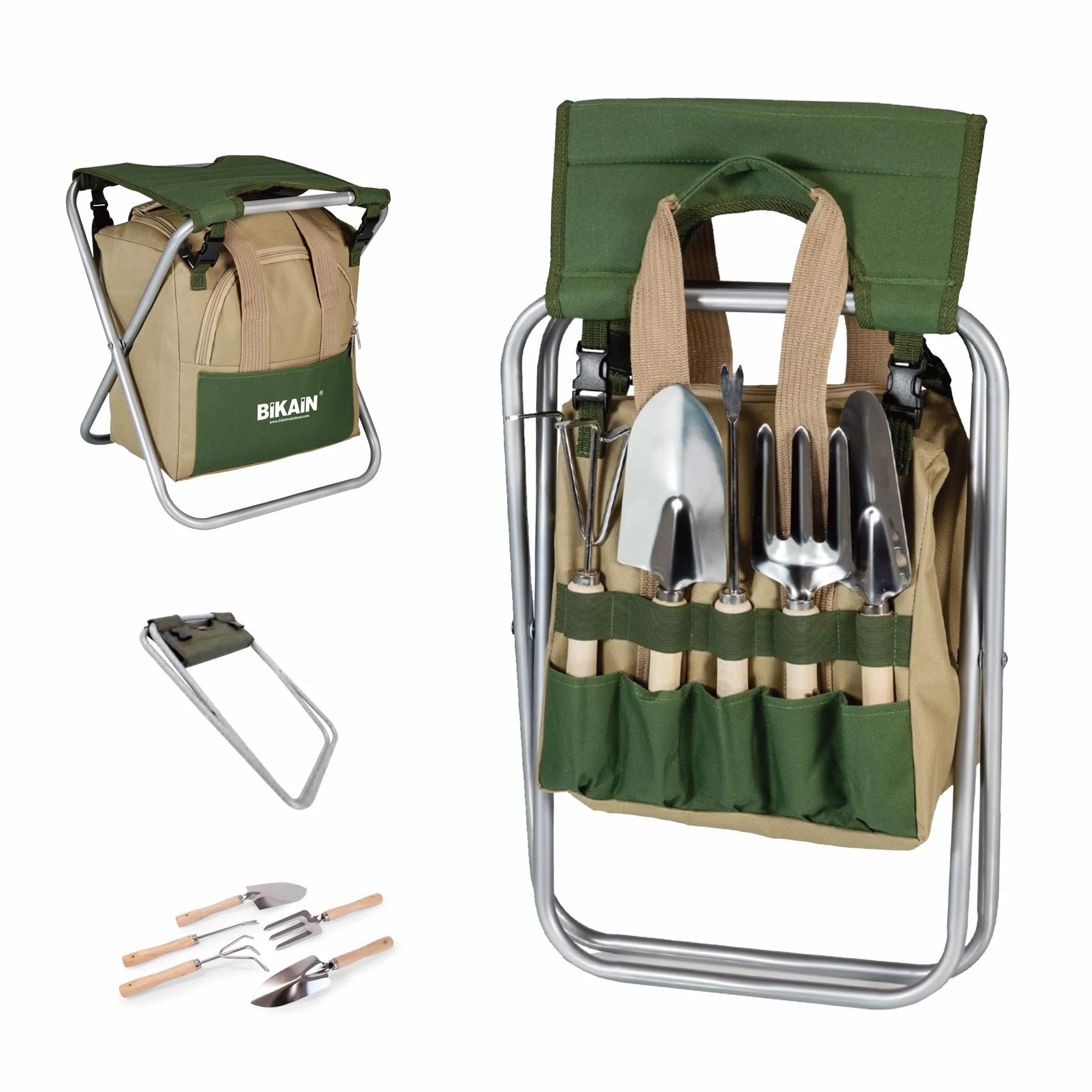 BIKAIN - Herramientas de Jardinería - Taburete Plegable + Bolsa + Herramientas - Kit de Jardinería - Bolsa de Almacemiento con Cremallera - Incluye 5 Herramientas con Mango de Madera