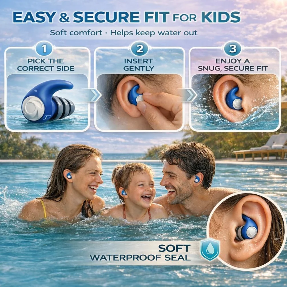 Tapones para los Oídos de Natación para Niños 3 Pares Silicona Impermeable Cordón Amovible Reutilizables