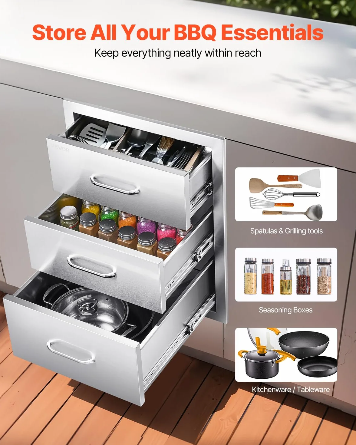 VEVOR Cajones de Cocina para Exterior 46 x 59 x 59 cm, 3 Cajones para Barbacoa de Triple Acceso con Asa de Aleación de Zinc, Cajonera para Cocinas al Aire Libre, Estación de Parrilla para Patio