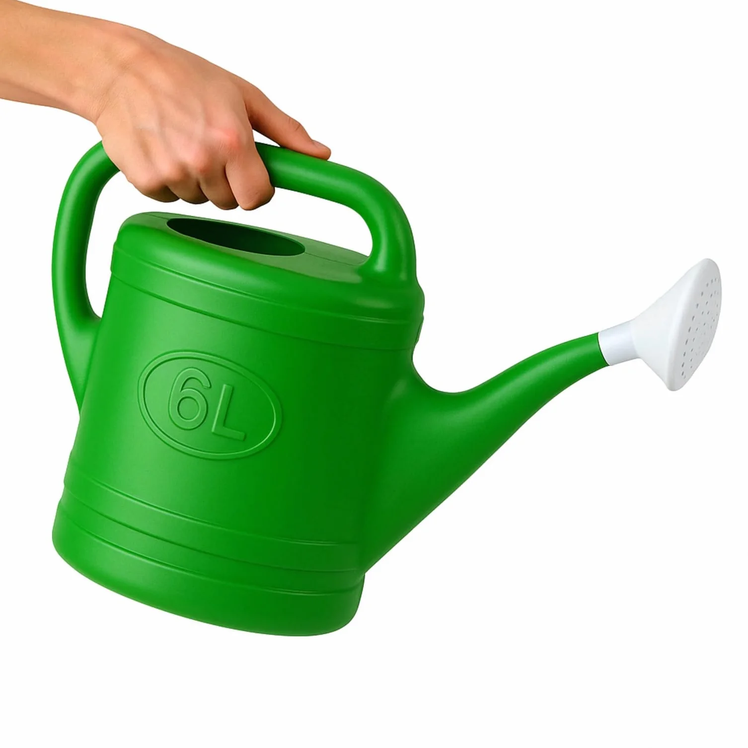 TECHZOCO Regadera de plástico, Regadera para Interior y Exterior, regadera de jardín, Diseño con Pico, Accesorio de riego, Asa de Transporte, Cabezal Efecto Lluvia, Verde, 6 litros