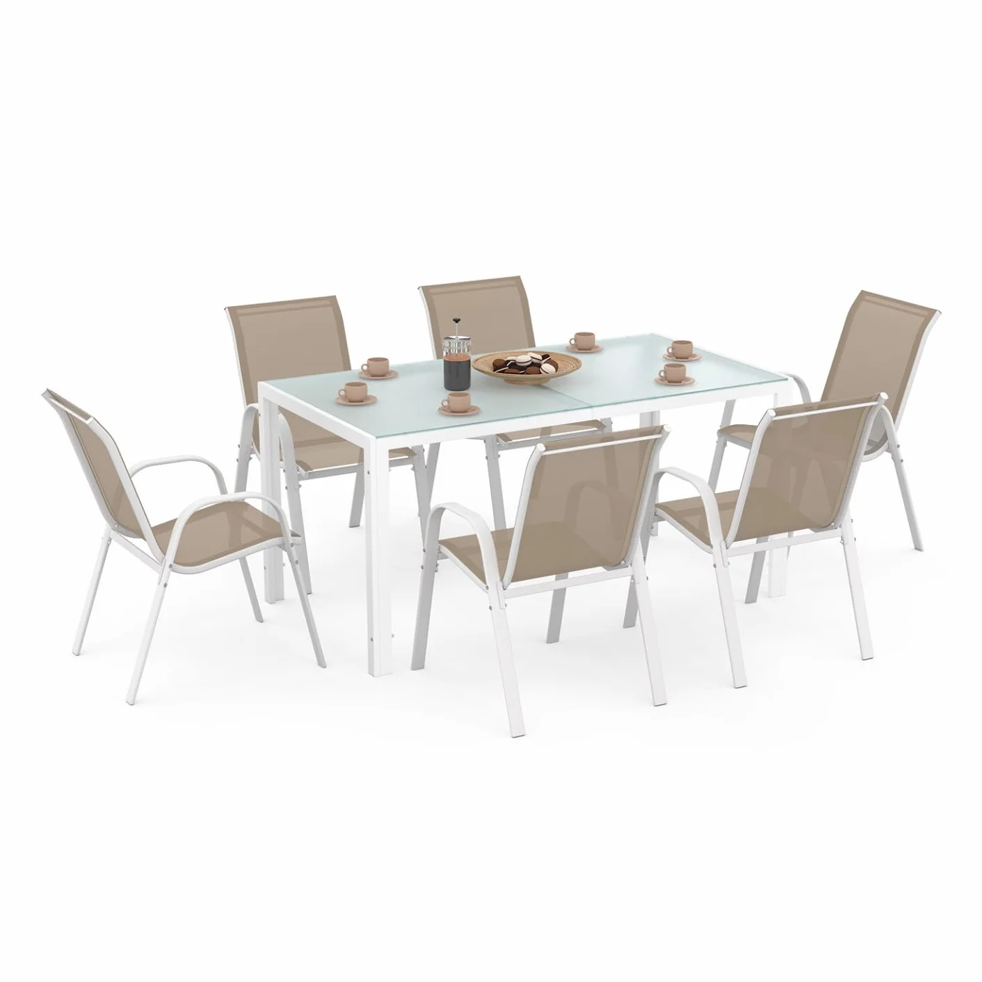 IDMarket – Salón de jardín Madrid Mesa 150 CM y 6 sillas apilables blanco y beige