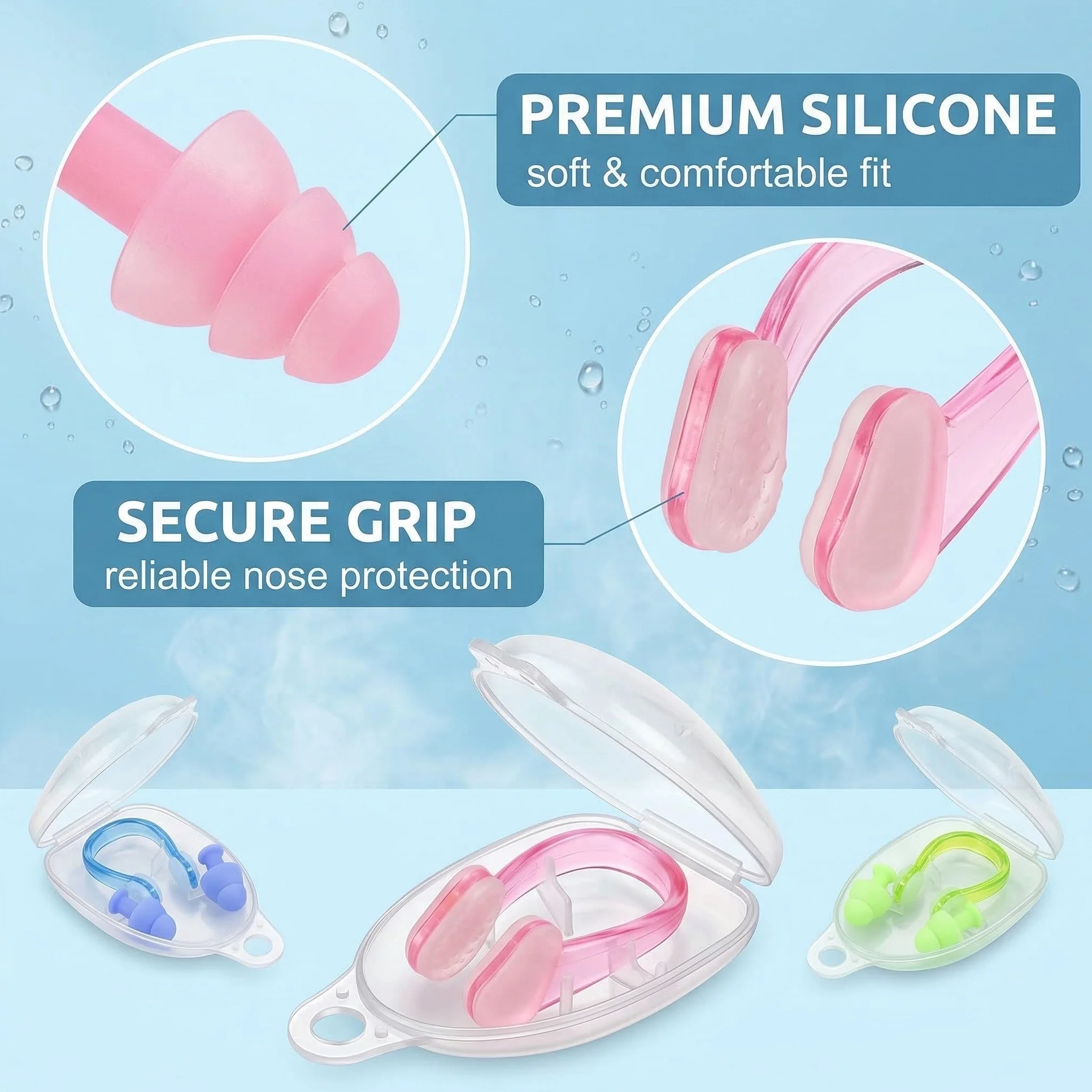 Pack de 3 Juegos de Tapones para Oídos y Pinzas para la Nariz de Natación, Silicona, Impermeable, Adultos y Niños