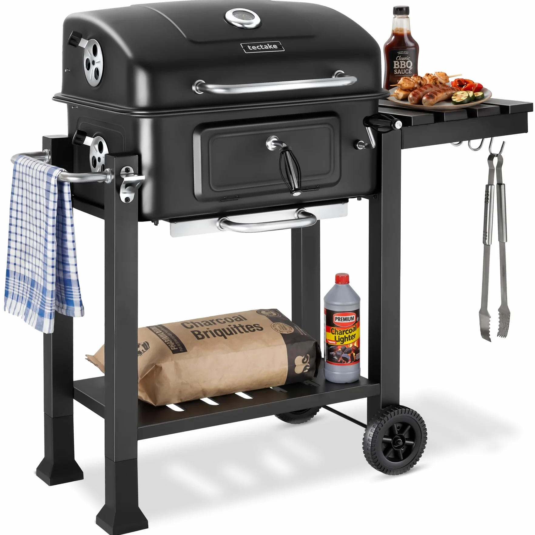 tectake® Barbacoa de Carbon con Tapa, Parrilla Barbacoa Carbon, BBQ Grill, Bandeja Regulable, Termómetro y Ruedas, con Ahumador de Alimentos, Asador de Carne - 64 x 110 x 104 cm