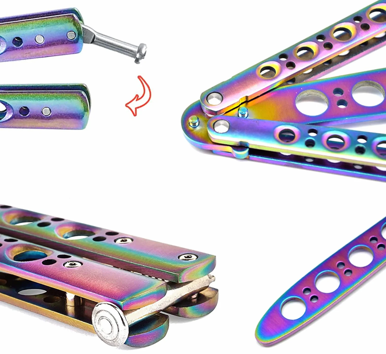 Navaja Mariposa Arcoíris de Entrenamiento, Metal Desafilado, Plegable Sin Afilar