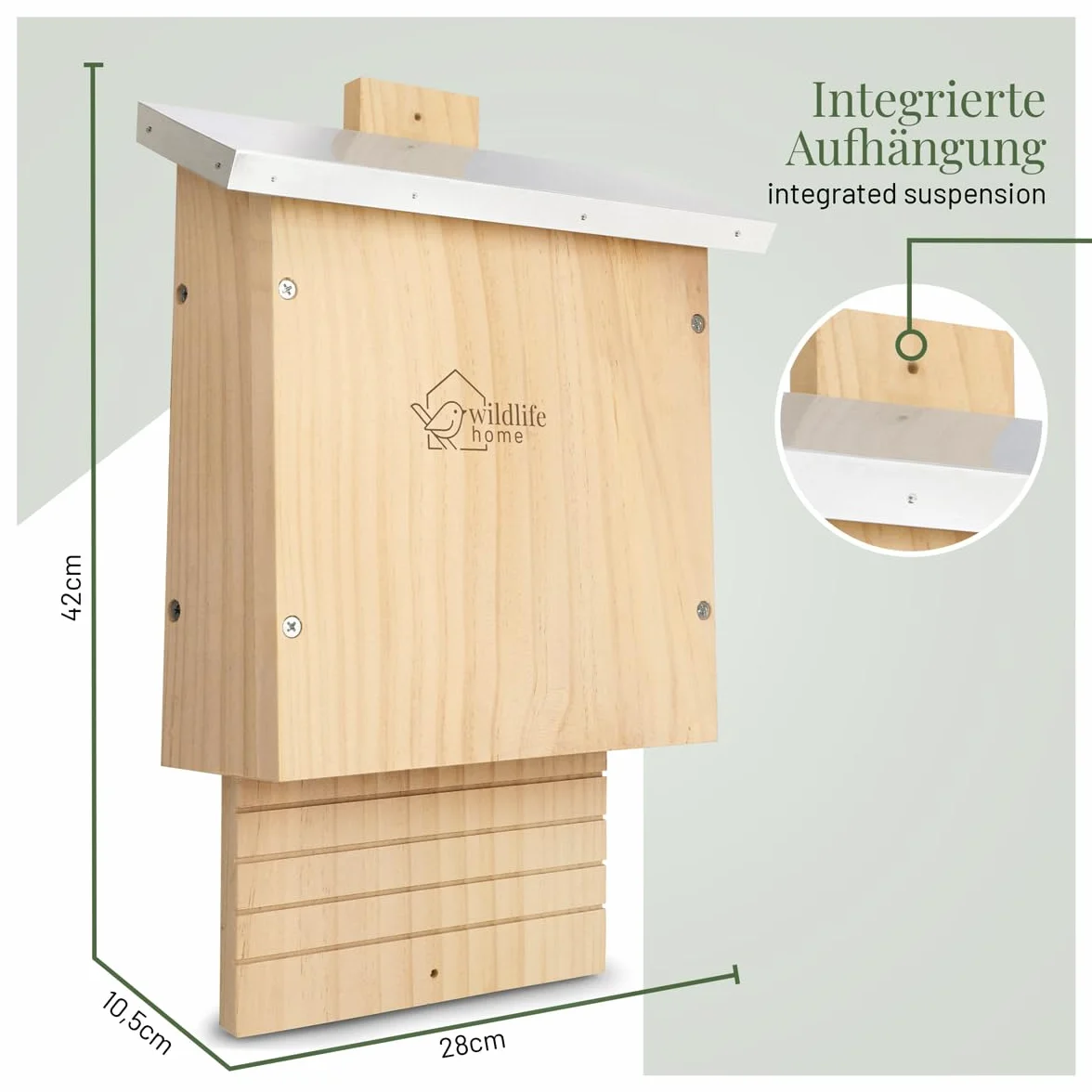 WILDLIFE HOME I Gran caja pesada para murciélagos según NABU – atornillada de madera maciza y 100% resistente a la intemperie, sin tratar, casa de murciélagos y nido, para verano e invierno