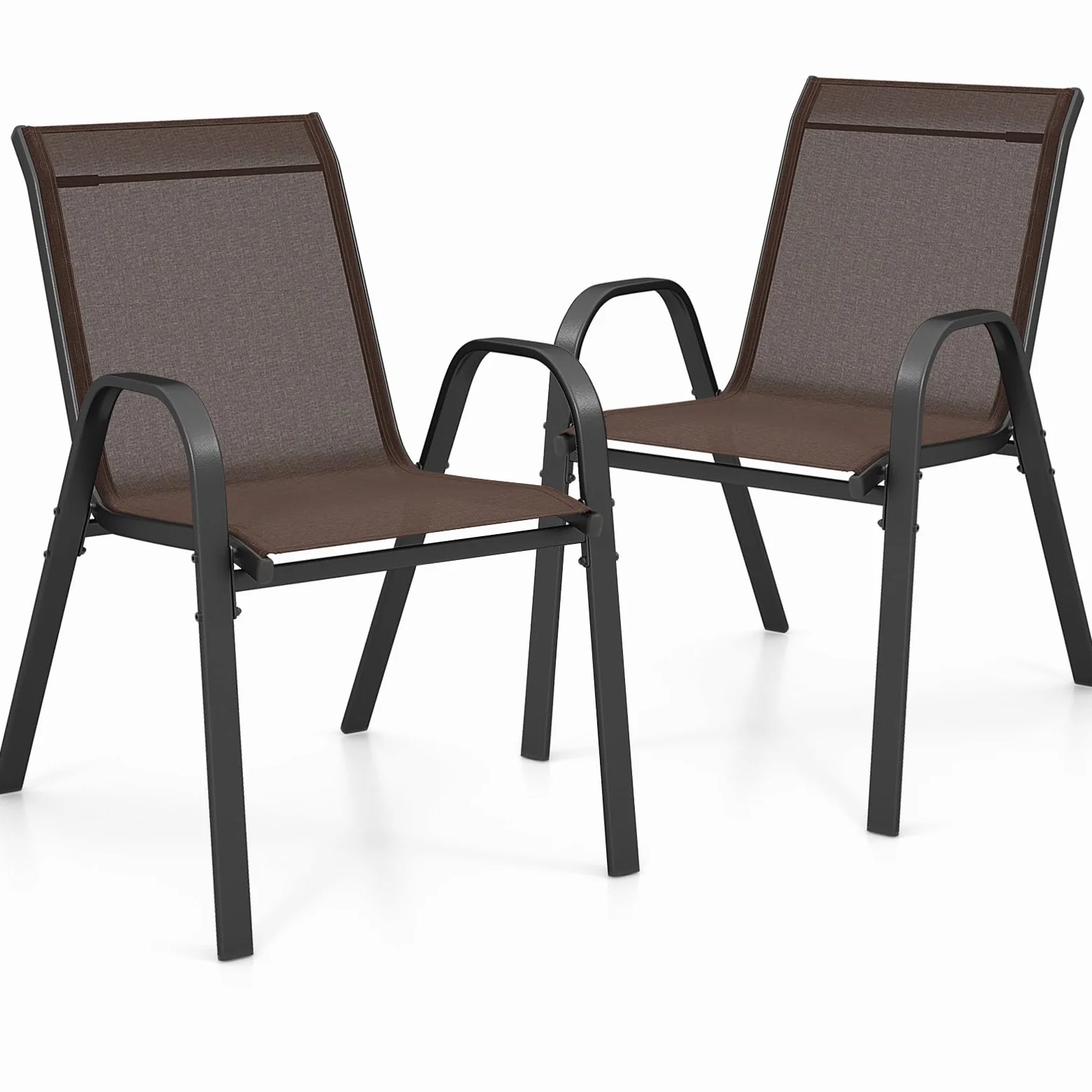 GIANTEX Juego de 2/4 Sillas de Patio, Sillas de Comedor Apilables con Estructura de Metal Resistente y Tela Transpirable, Respaldo y Reposabrazos Ergonómicas, para Terraza, Piscina, Jardín (2, Marrón)