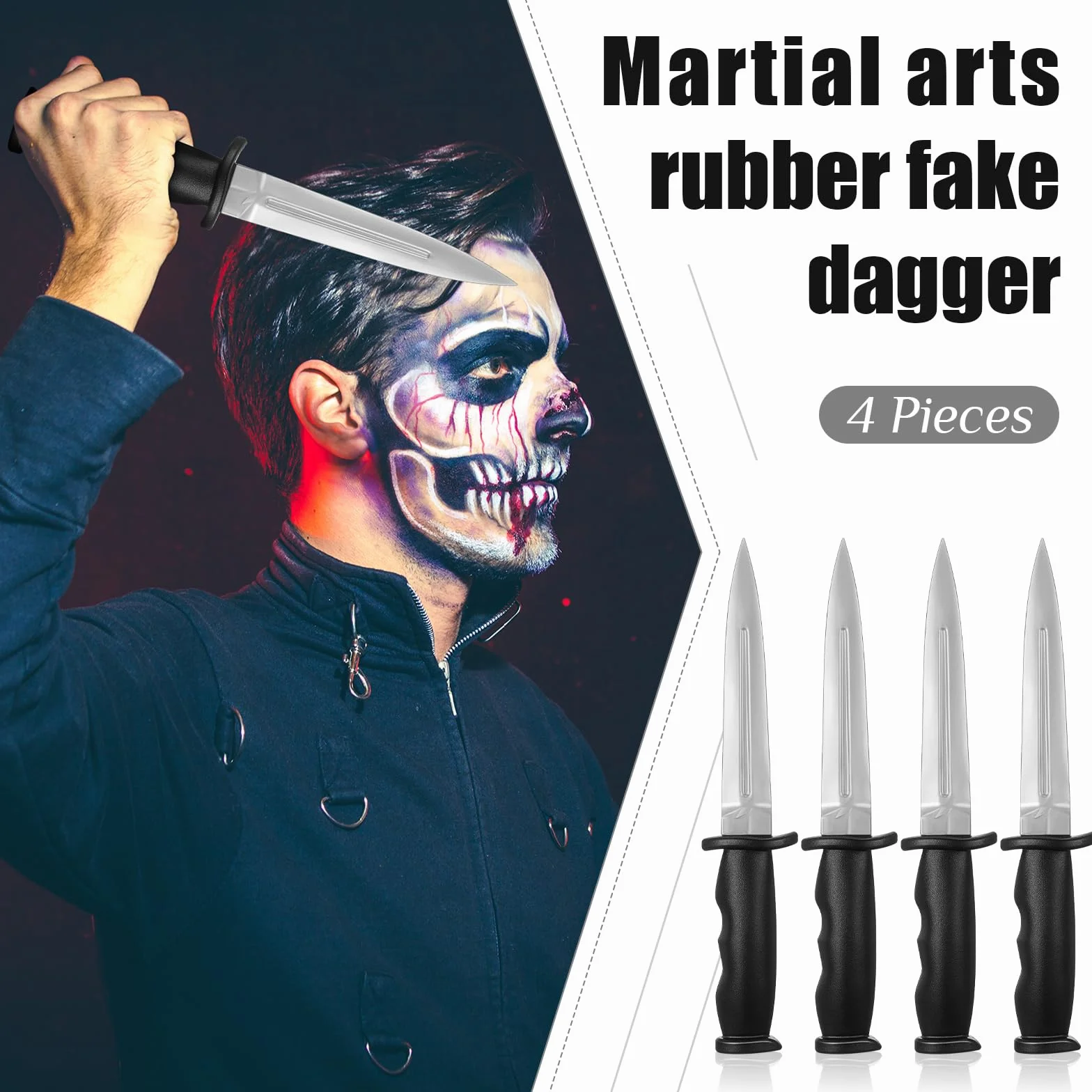 Aoriher 4 Cuchillos de Goma de Entrenamiento de Artes Marciales Arma Falso Negro y Plata