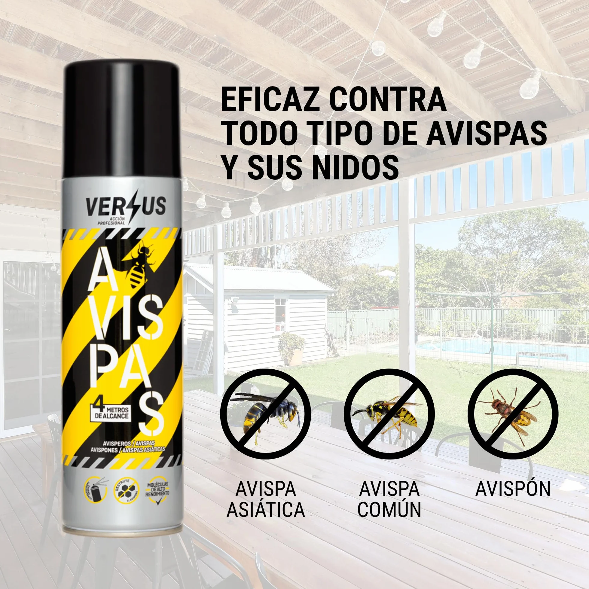 VERSUS AVISPAS - Insecticida Avispas, Avispones y Avisperos - Eficaz contra Avispa Asiática - Largo Alcance 4 Metros - Eficacia Inmediata y a Distancia - Destruye el Nido y Evita Nuevas Reproducciones