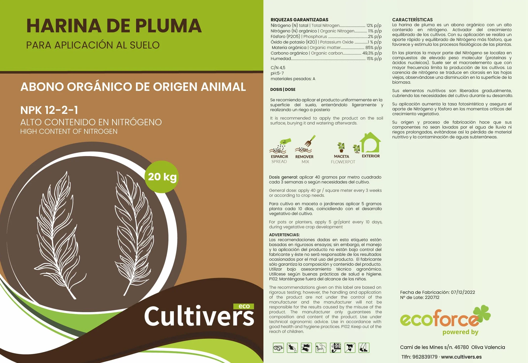 CULTIVERS Harina de Pluma 1 kg. NPK 12-2-1. Abono orgánico para plantas con alto contenido en Nitrógeno. Huertos, arboles florales/frutales y plantas ornamentales