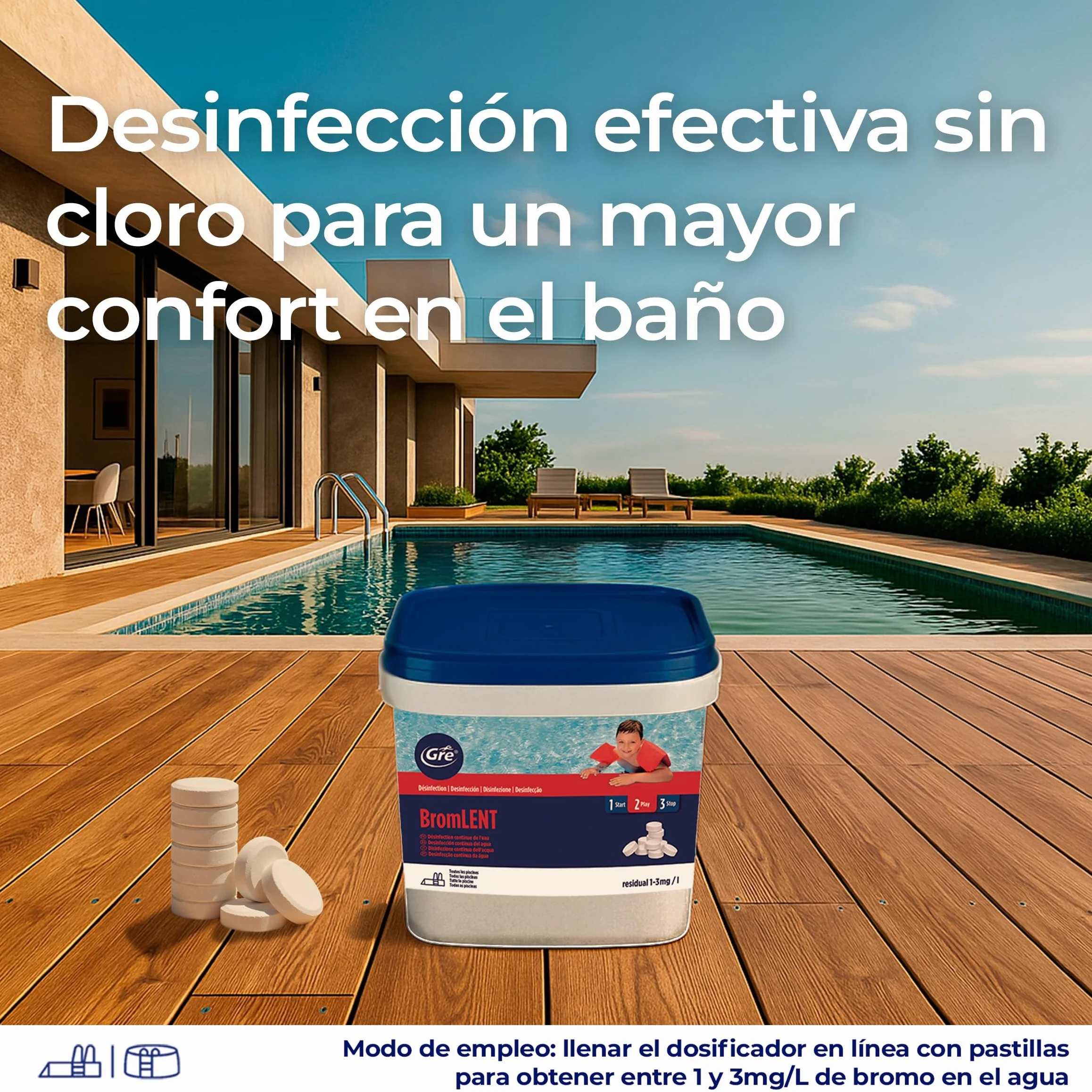 GRE 76024 - Bromo en Pastillas. Desinfección Eficaz para el Agua de la Piscina Libre de Cloro, sin Olores ni Irritaciones. Ideal para Piscinas y Spas – 5 kg