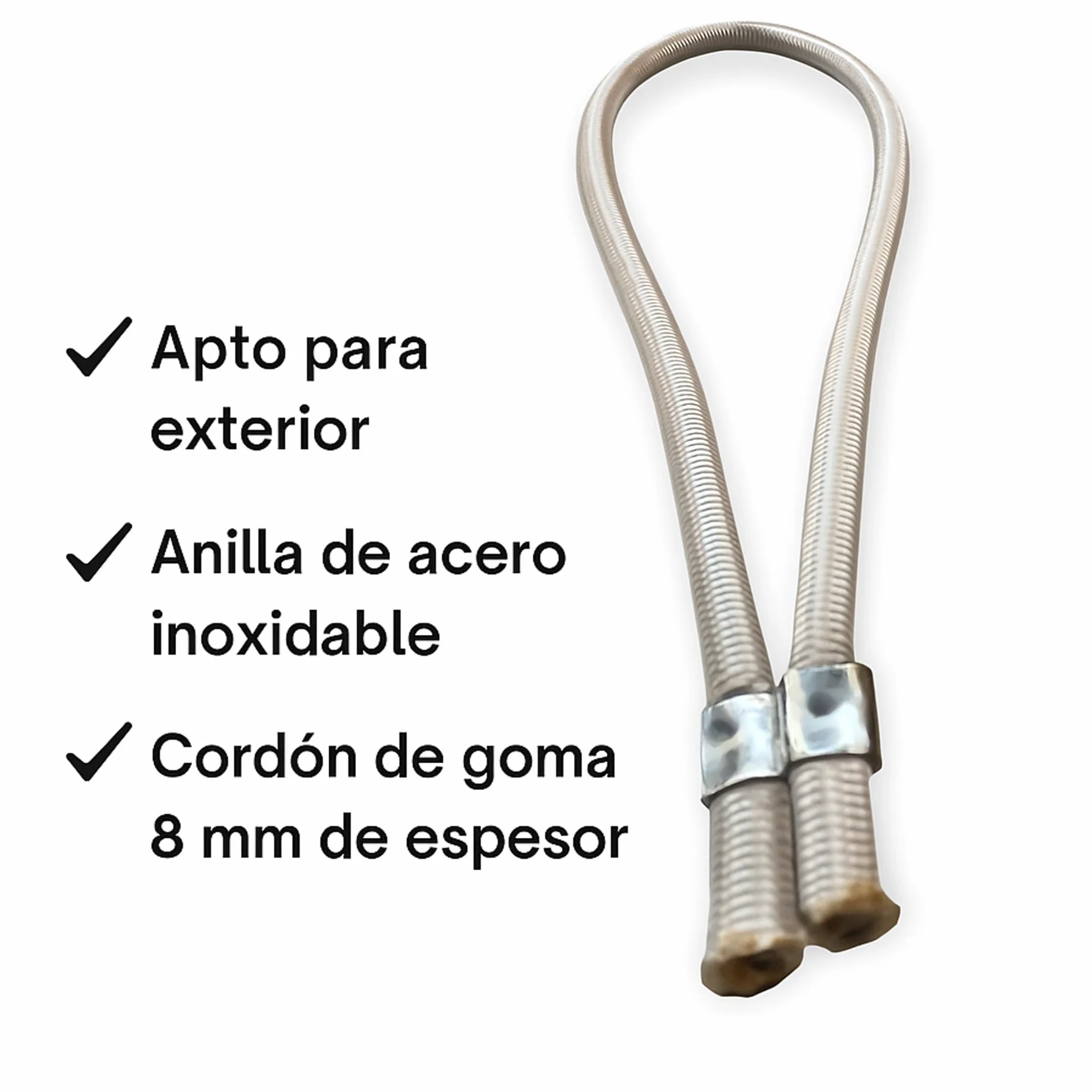 Teletoldo – Tensor elástico para cobertor de Piscina ● Pack de 30 Unidades ● Cuerda de Goma 8 mm con Grapa de Acero Inoxidable ● Blanco – Alta Resistencia Exterior