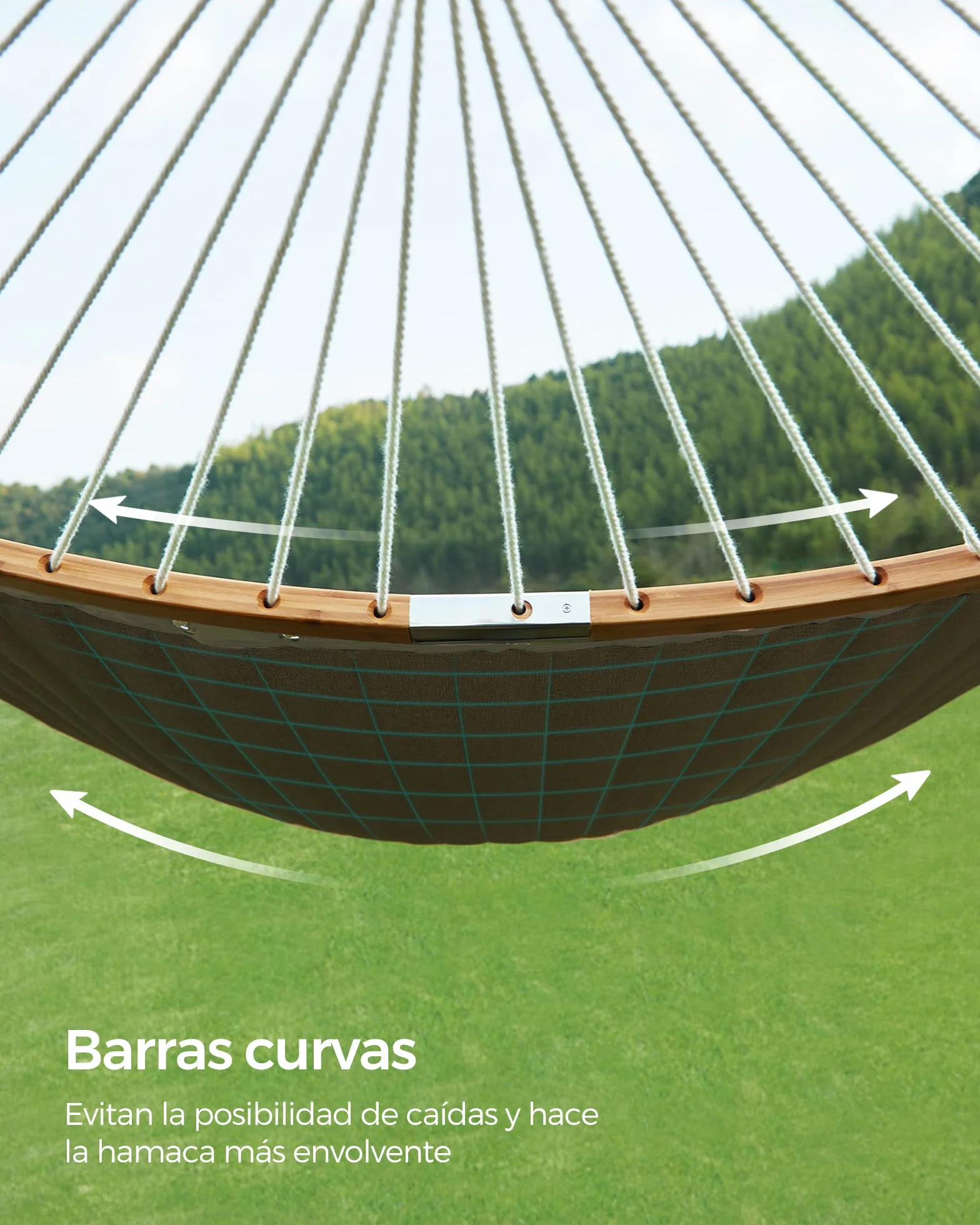 SONGMICS Hamaca Doble Tapizada, Hamaca de Jardín con Barras Curvas de Bambú Separables, con Cojín, para Camping, 200 x 140 cm, Carga de 225 kg, Crema y Beige GDC34BE