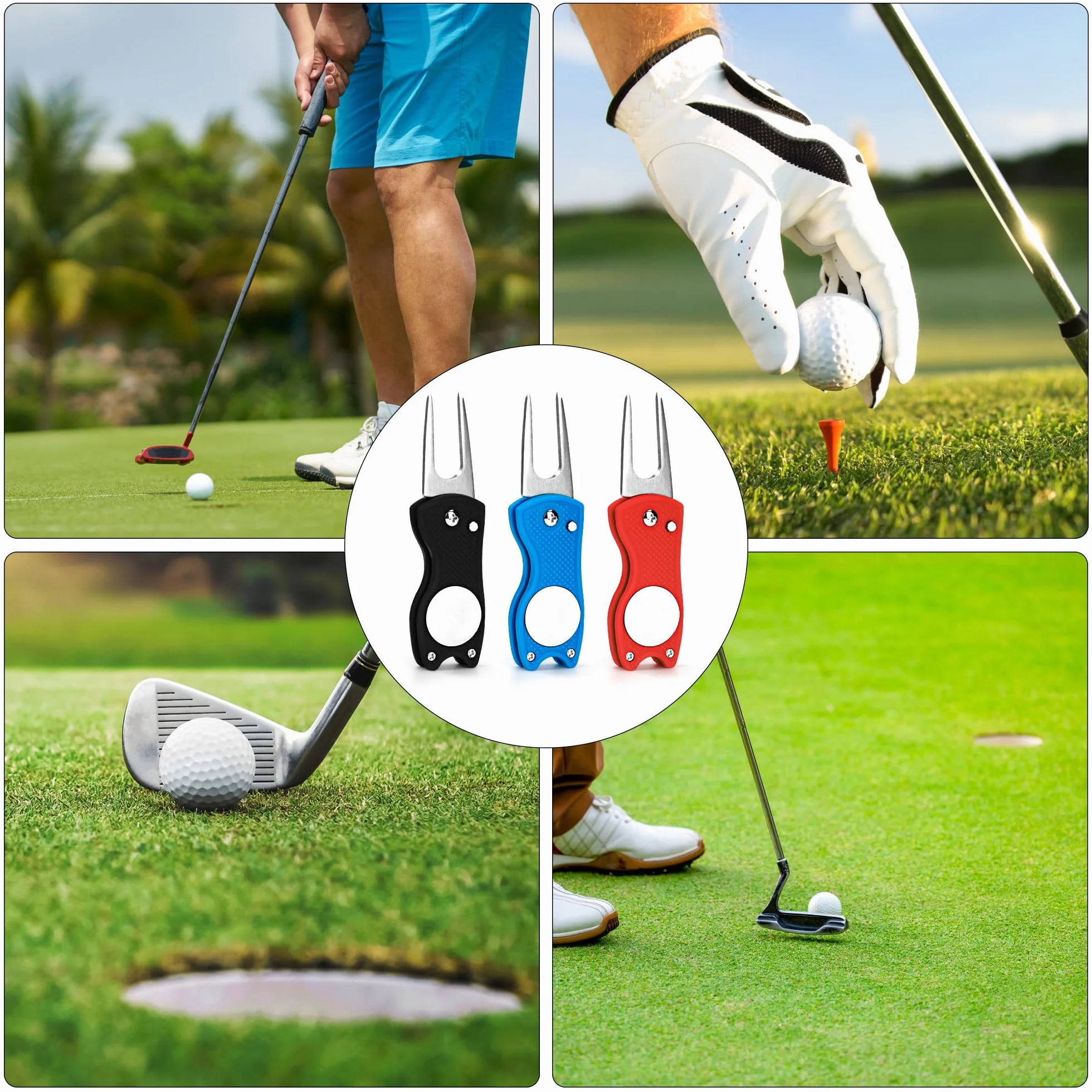 Arreglapiques de Golf Divot 3Pcs Herramientas de Restauración de Golf Pitch Fork Acero Inoxidable con Marcador Bola Magnética Plegable
