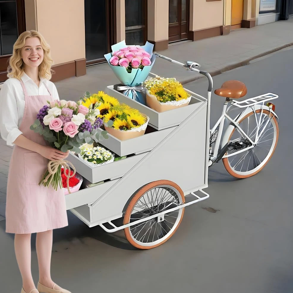 Carrito de Venta Ambulante de Comida móvil de Gran tamaño con Triciclo, para Plantas con Estante de exhibición Abierto de 4 Capas, para Venta minorista y Entrega a Domicilio