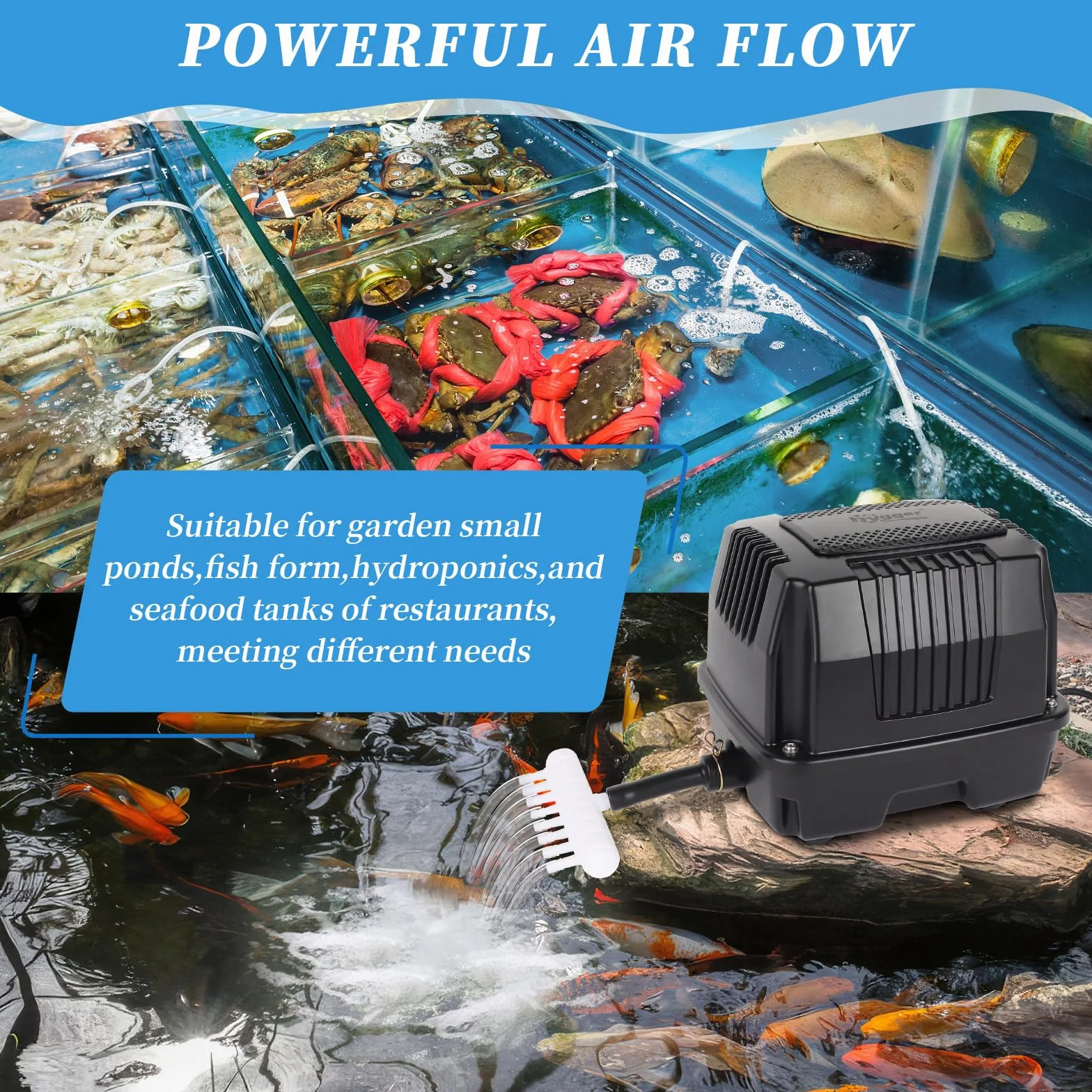hygger Bomba de Aire para Estanque,25W Potentes Silenciosas Aireador para Estanque de Peces con Conector de Conversión,Air Pump for Large Pond,Fishing Yacht,Fish Farm and Hydroponic