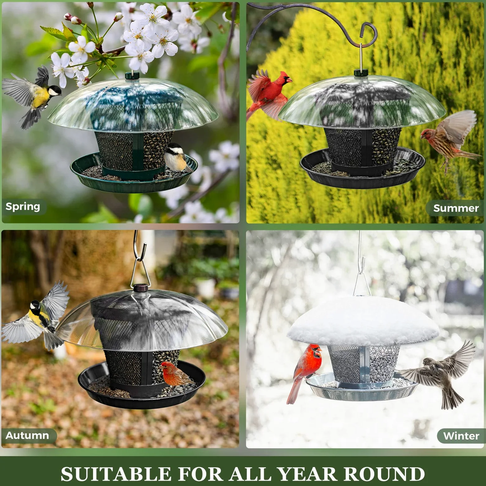 Kingsyard Comedero para pájaros de malla metálica exterior con cúpula resistente a la intemperie, doble alimentador de 2.5 libras. Capacidad de semillas para pinzón cardenal
